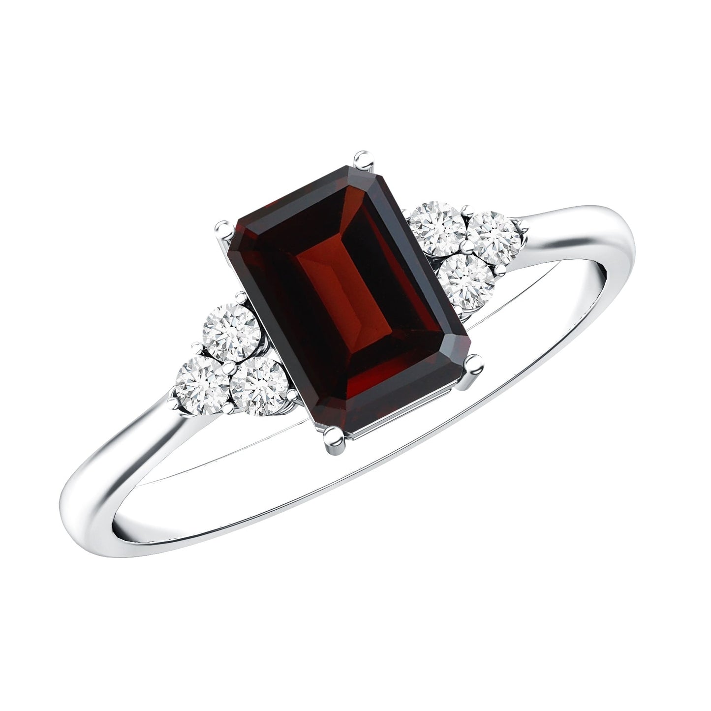 Natural Garnet Emerald Cut Engagement Ring with Diamond Trio