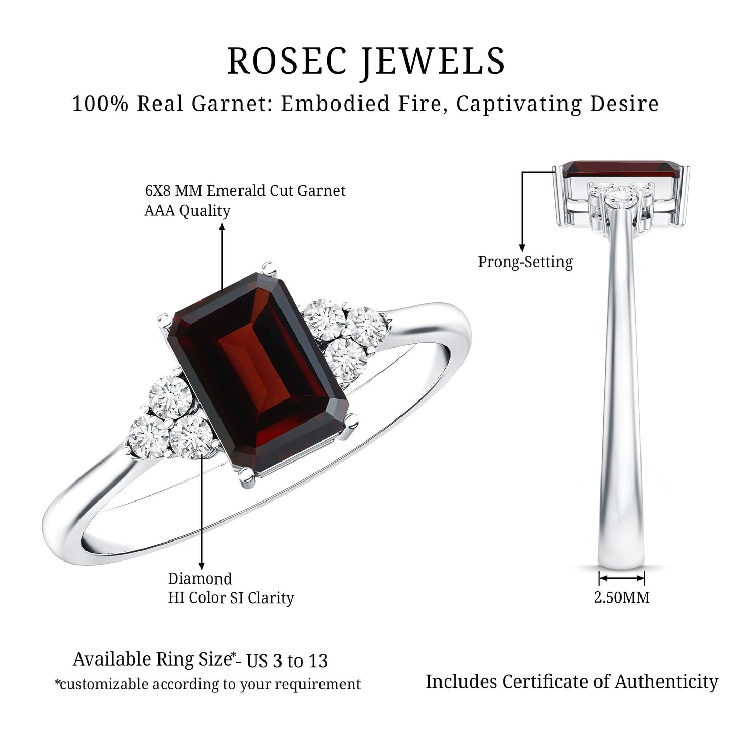 Natural Garnet Emerald Cut Engagement Ring with Diamond Trio