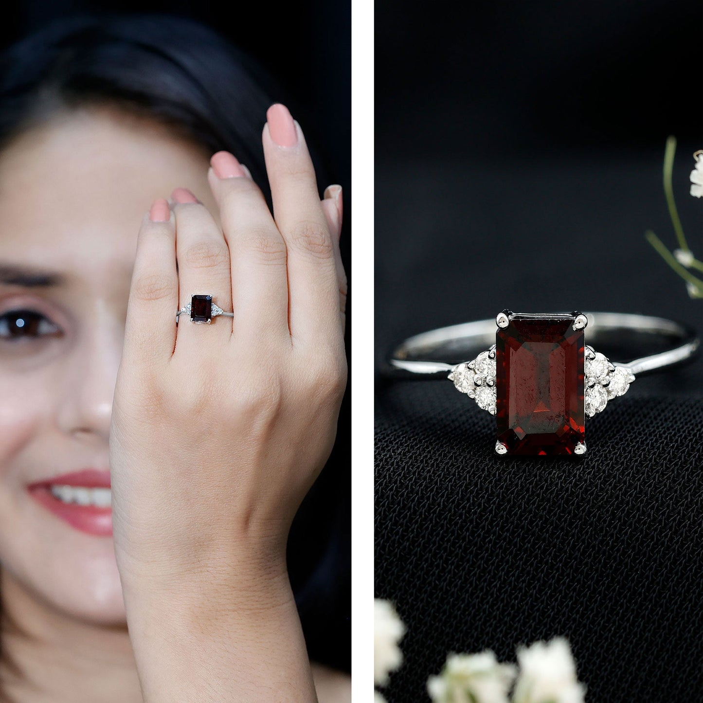 Natural Garnet Emerald Cut Engagement Ring with Diamond Trio