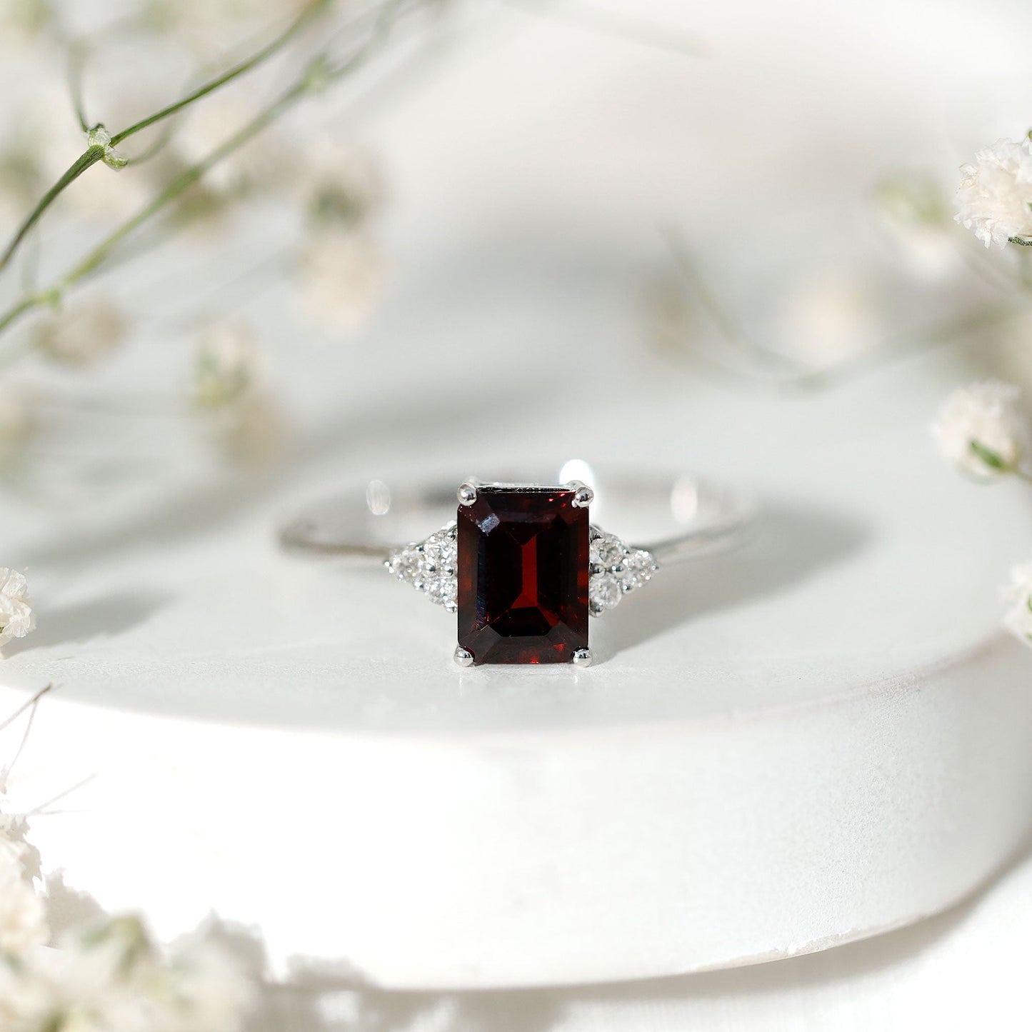 Natural Garnet Emerald Cut Engagement Ring with Diamond Trio