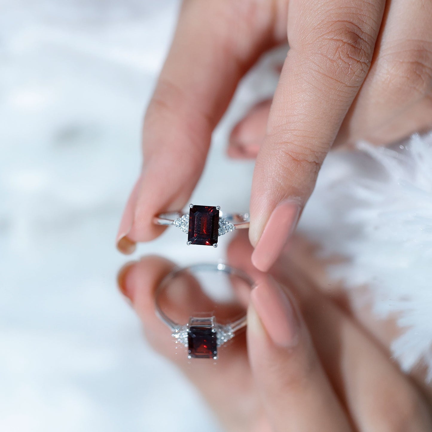 Natural Garnet Emerald Cut Engagement Ring with Diamond Trio