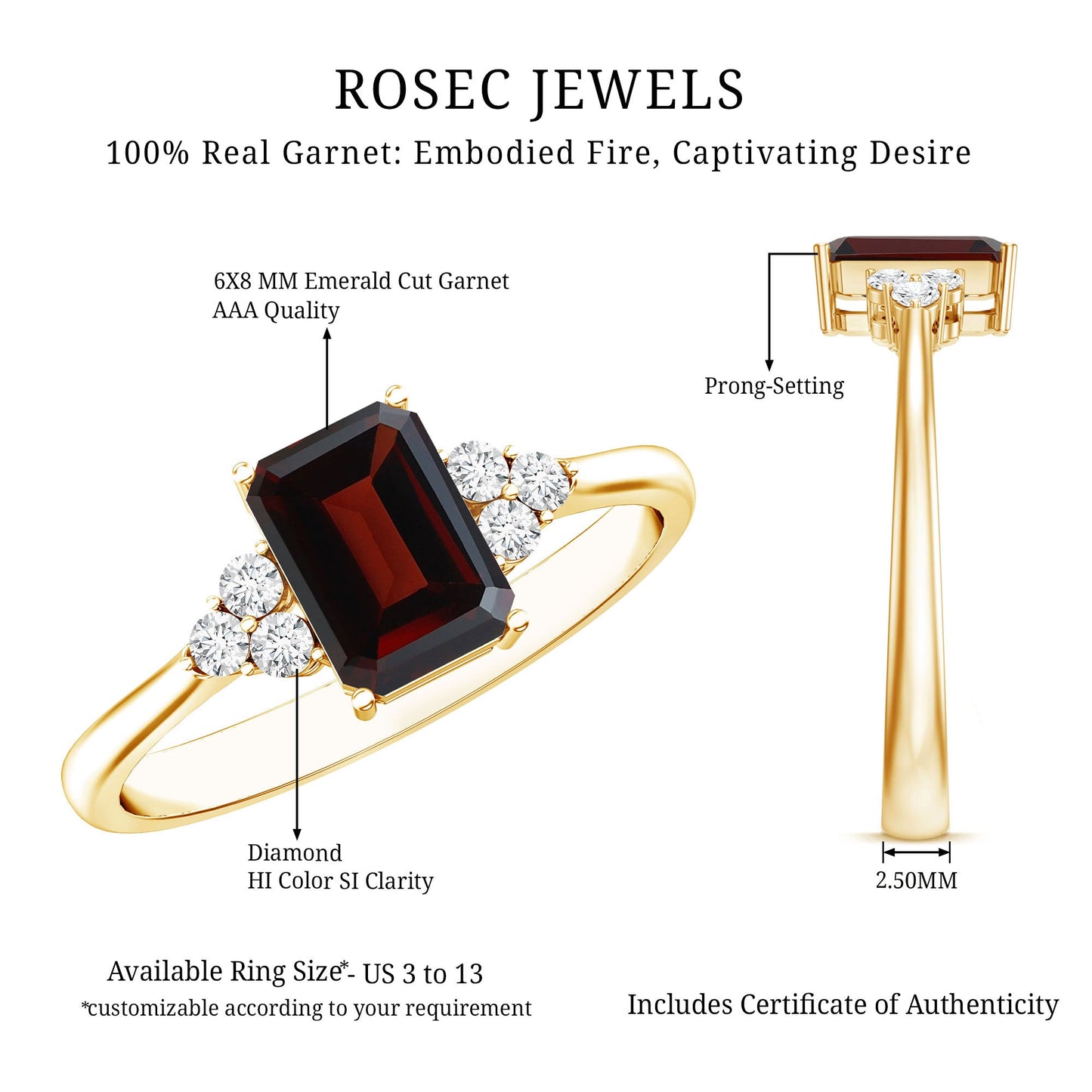 Natural Garnet Emerald Cut Engagement Ring with Diamond Trio