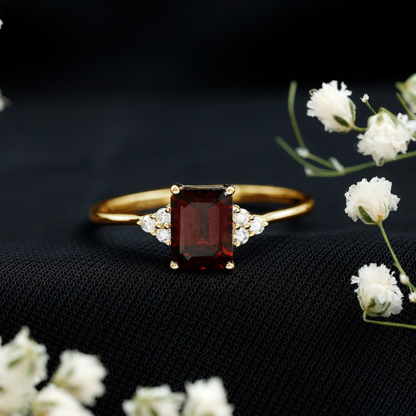 Natural Garnet Emerald Cut Engagement Ring with Diamond Trio