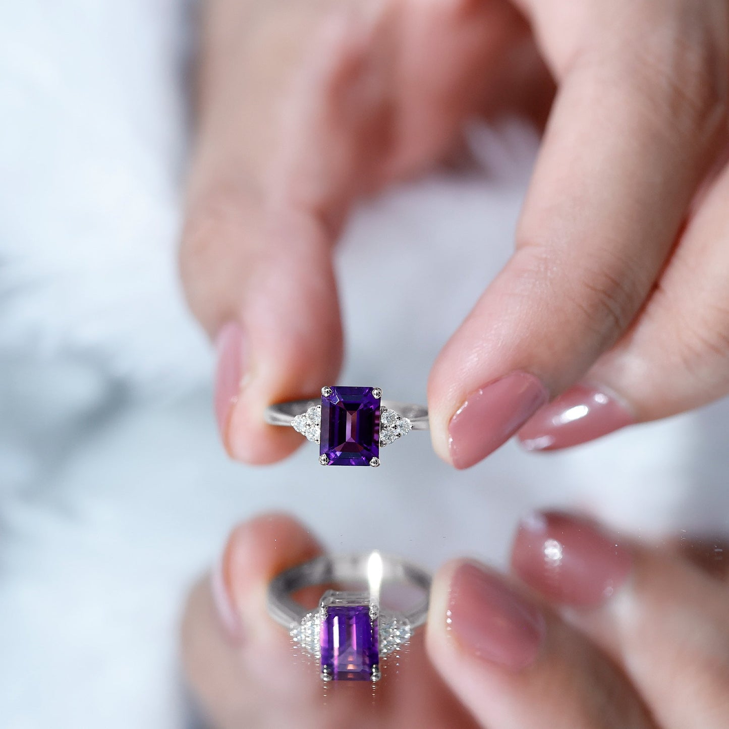 Real 1.4 Carat Amethyst Emerald Cut Engagement Ring with Diamond Trio