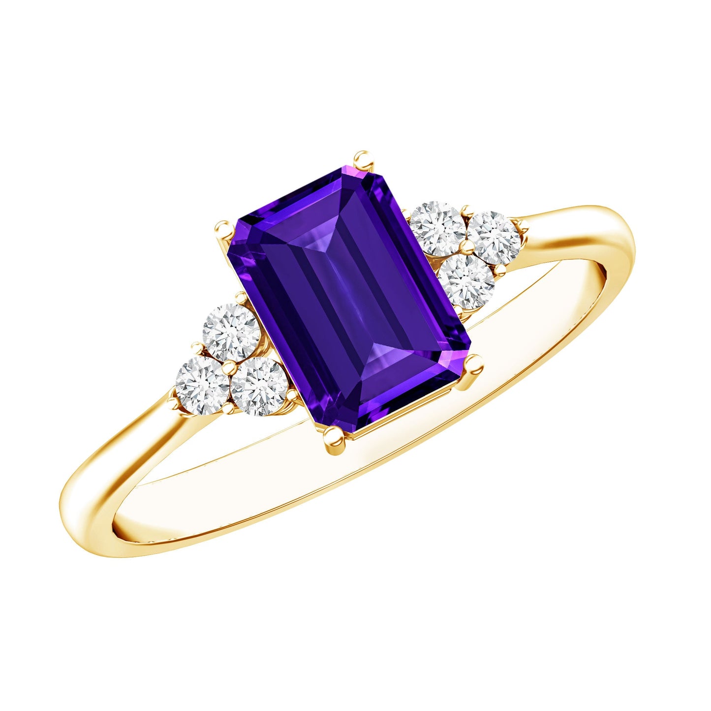 Real 1.4 Carat Amethyst Emerald Cut Engagement Ring with Diamond Trio