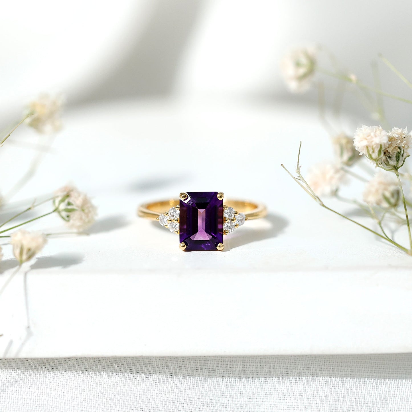 Real 1.4 Carat Amethyst Emerald Cut Engagement Ring with Diamond Trio