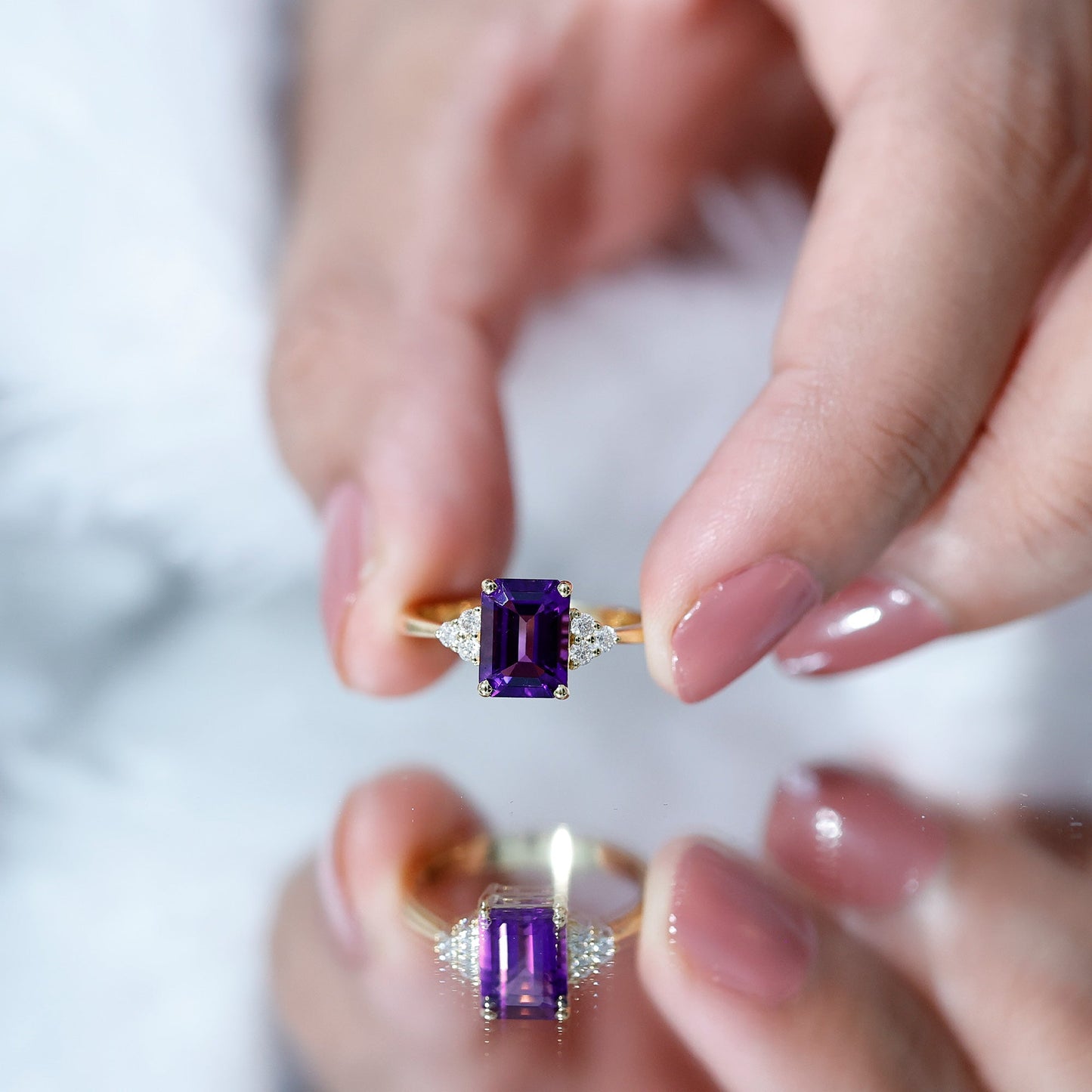 Real 1.4 Carat Amethyst Emerald Cut Engagement Ring with Diamond Trio