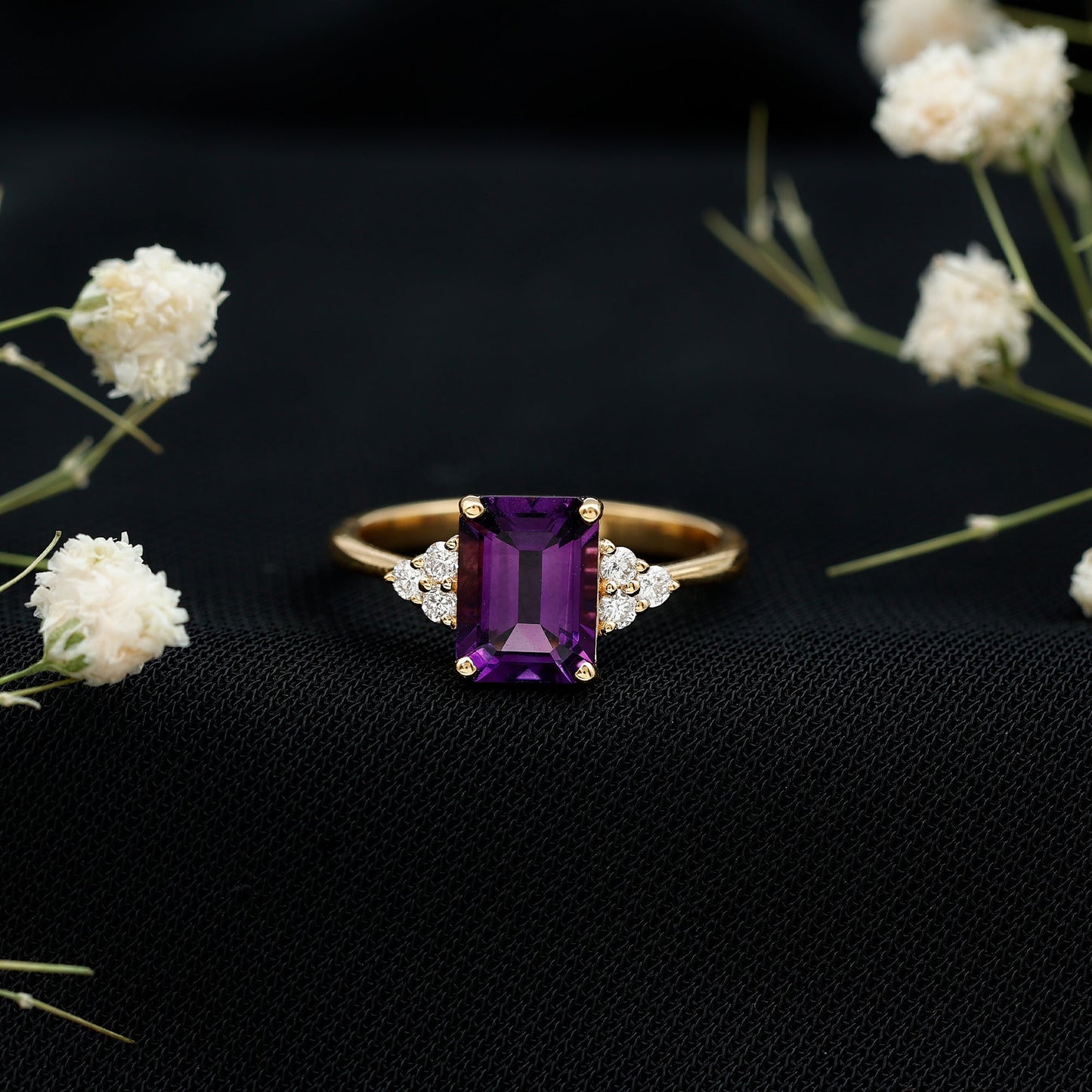 Real 1.4 Carat Amethyst Emerald Cut Engagement Ring with Diamond Trio