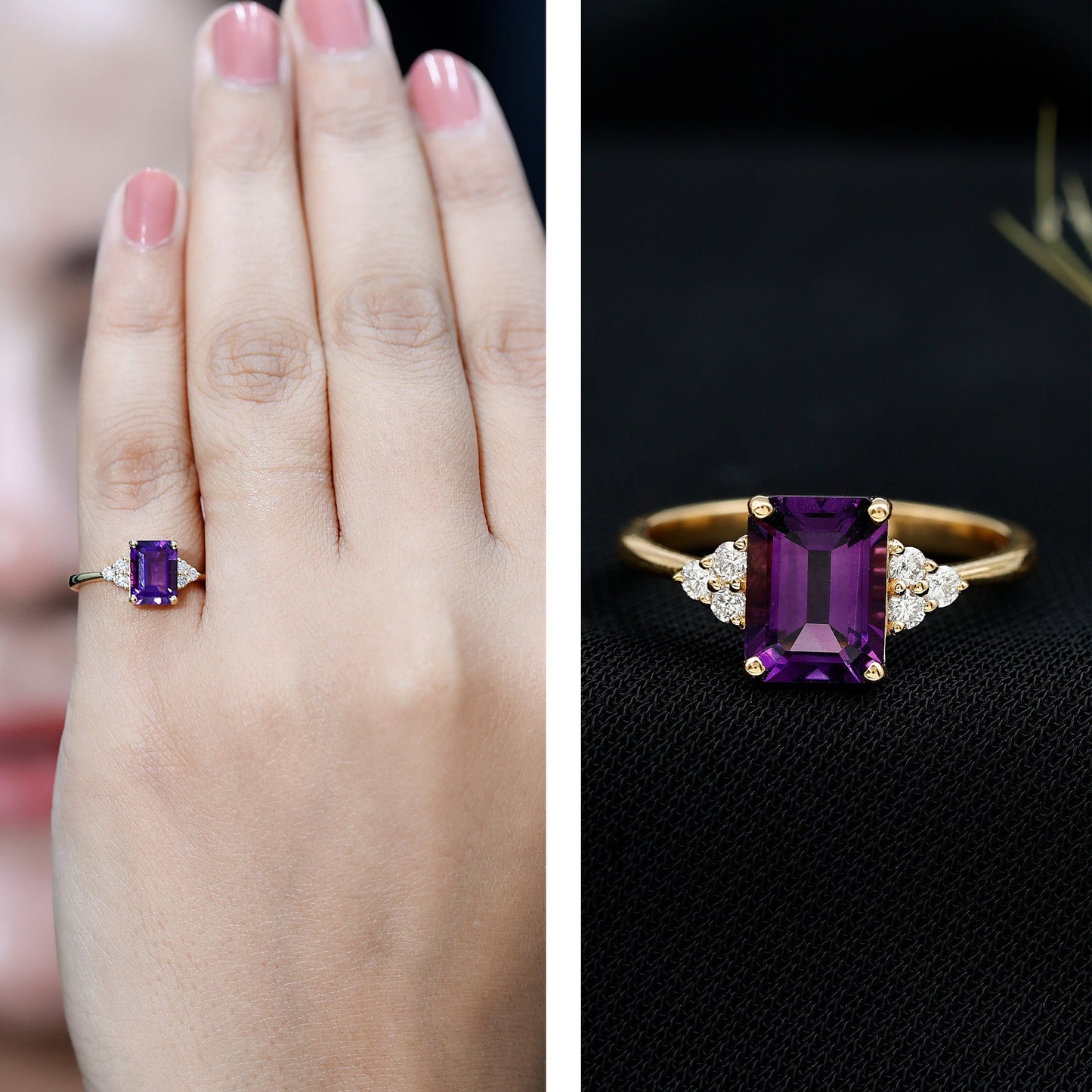 Real 1.4 Carat Amethyst Emerald Cut Engagement Ring with Diamond Trio