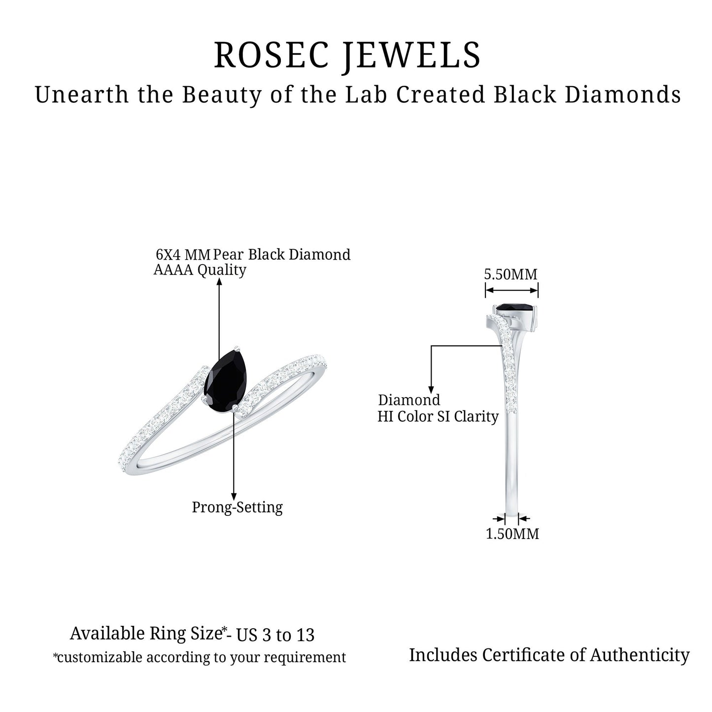 Certified 0.8 Carat Lab Grown Black and White Diamond Promise Ring with Bypass Shank