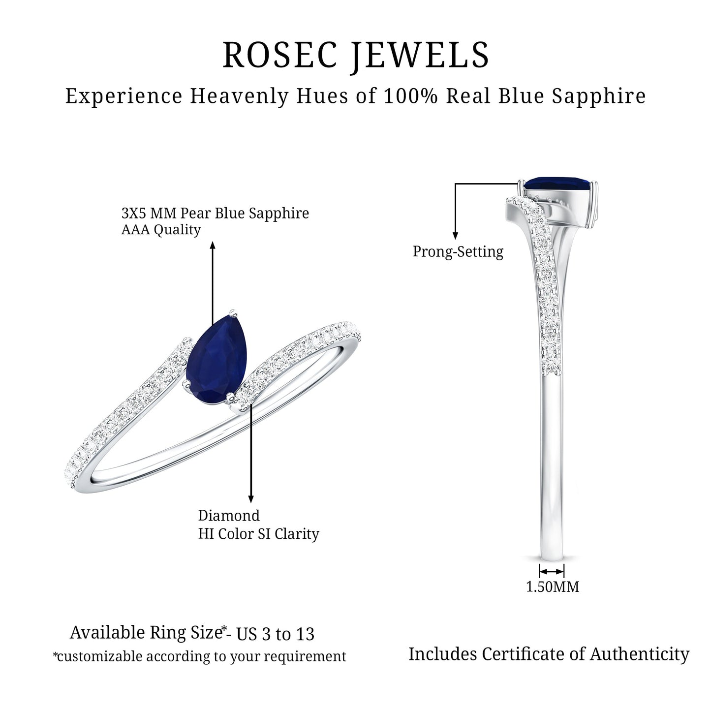 Tilted Pear Shaped Blue Sapphire Bypass Promise Ring with Diamond