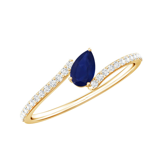 Tilted Pear Shaped Blue Sapphire Bypass Promise Ring with Diamond