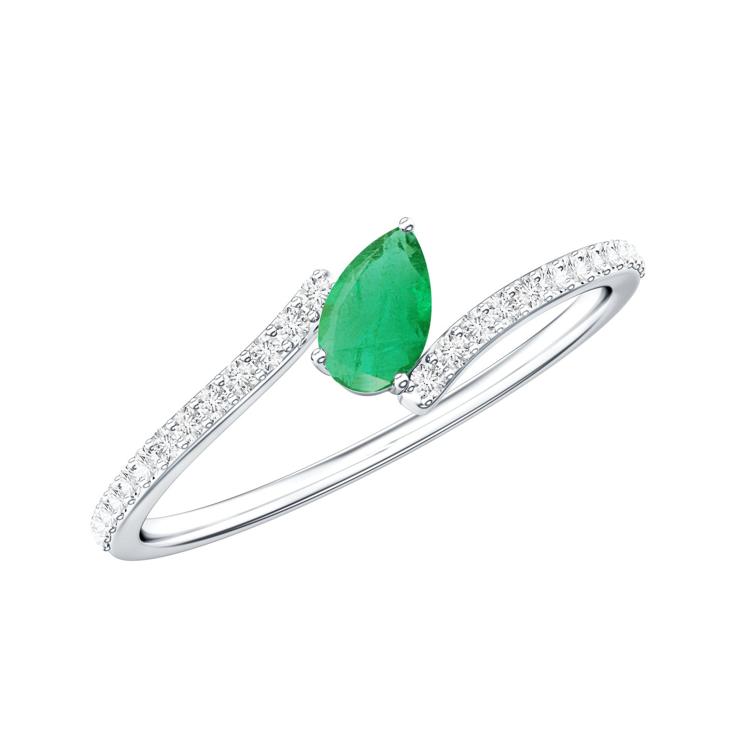 Pear Shaped Emerald and Diamond Promise Ring in Bypass Shank