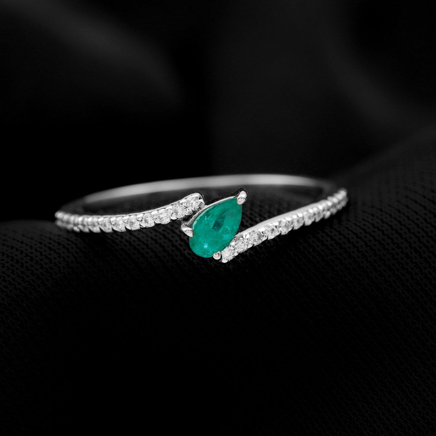 Pear Shaped Emerald and Diamond Promise Ring in Bypass Shank