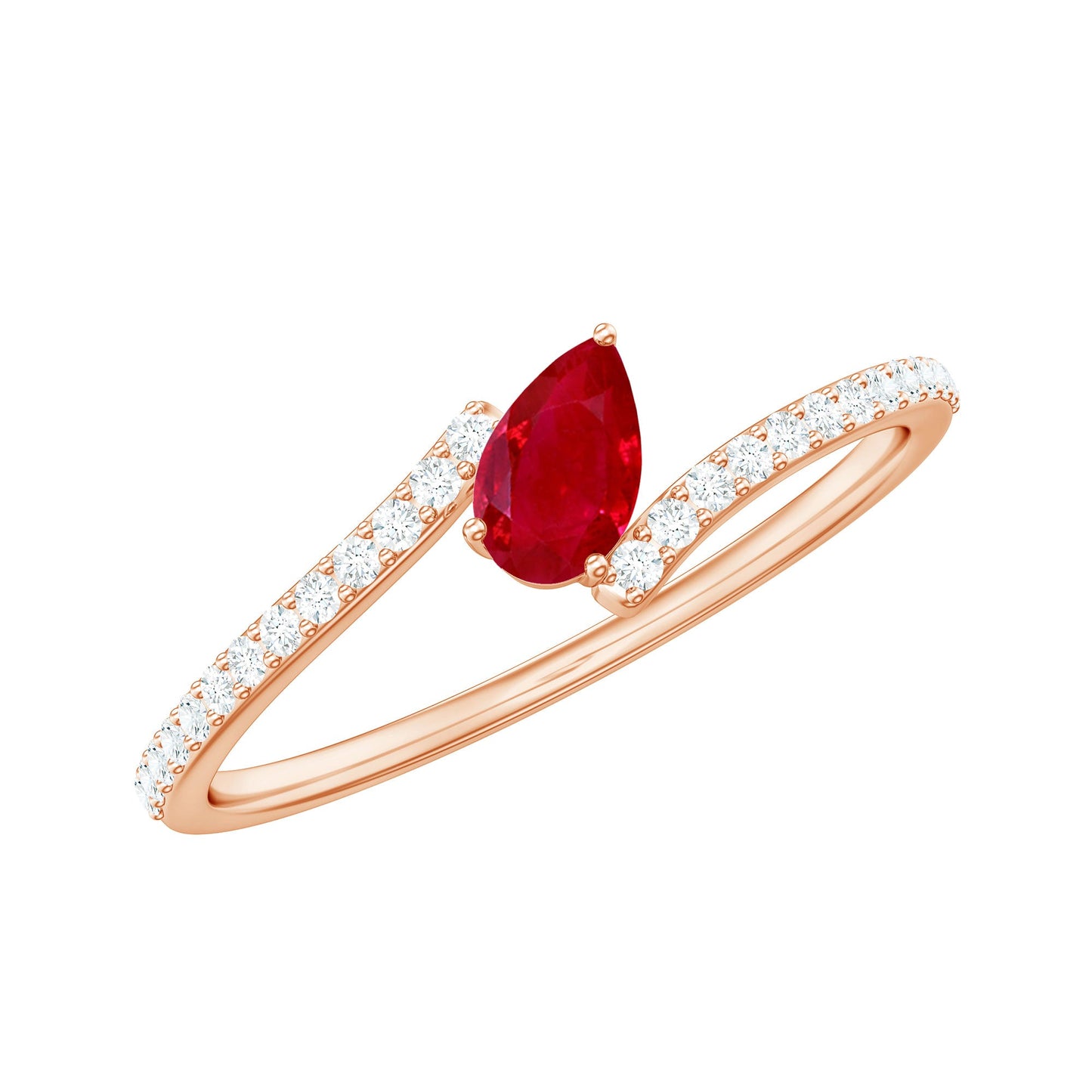 Tilted Pear Shape Ruby and Diamond Bypass Promise Ring
