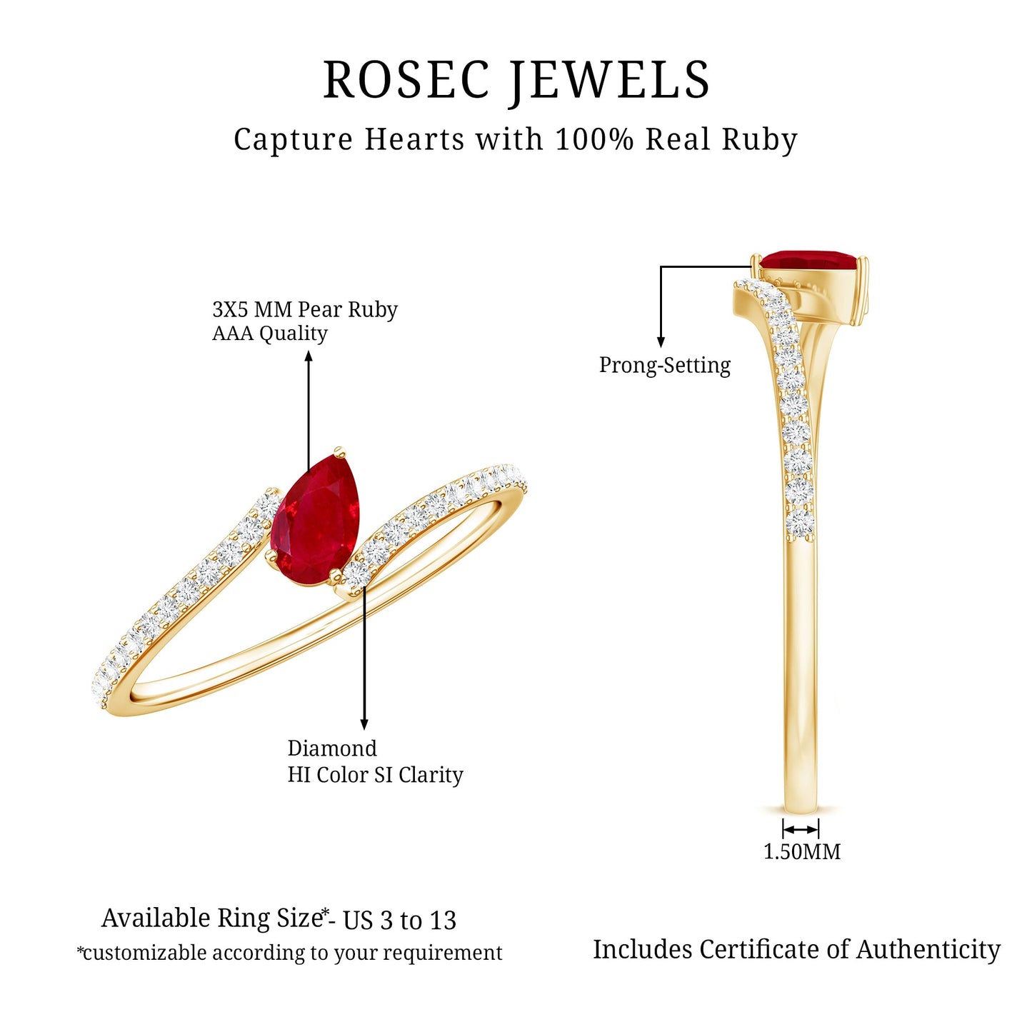Tilted Pear Shape Ruby and Diamond Bypass Promise Ring