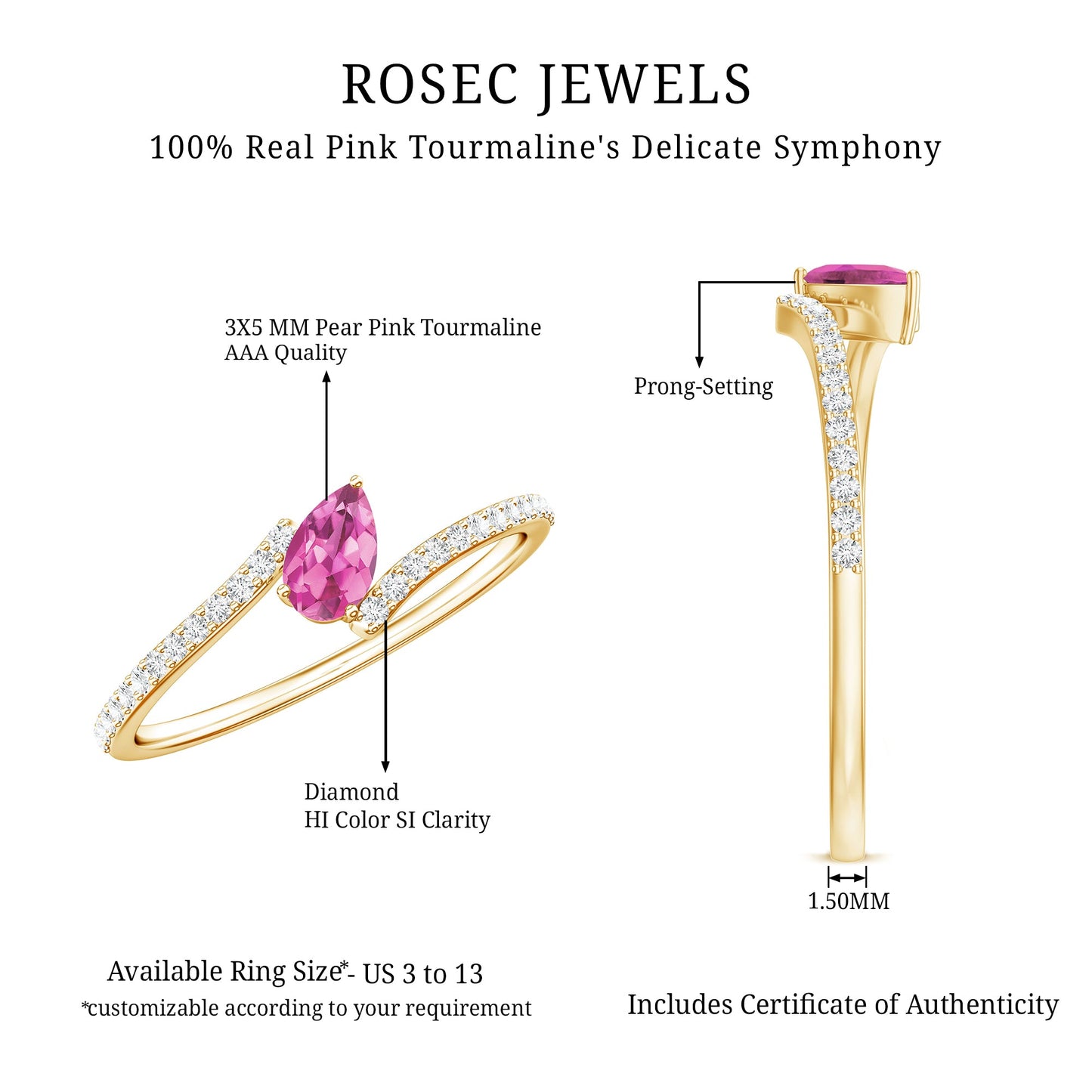 Tilted Pear Shape Pink Tourmaline and Diamond Bypass Promise Ring