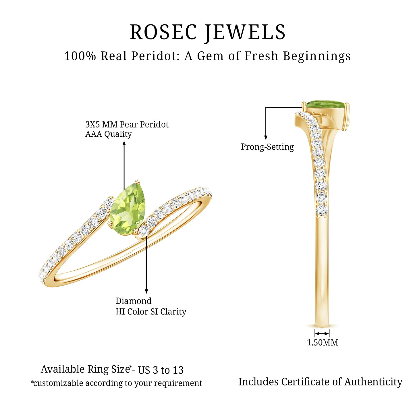 Natural Pear Shape Peridot Promise Ring with Bypass Diamond