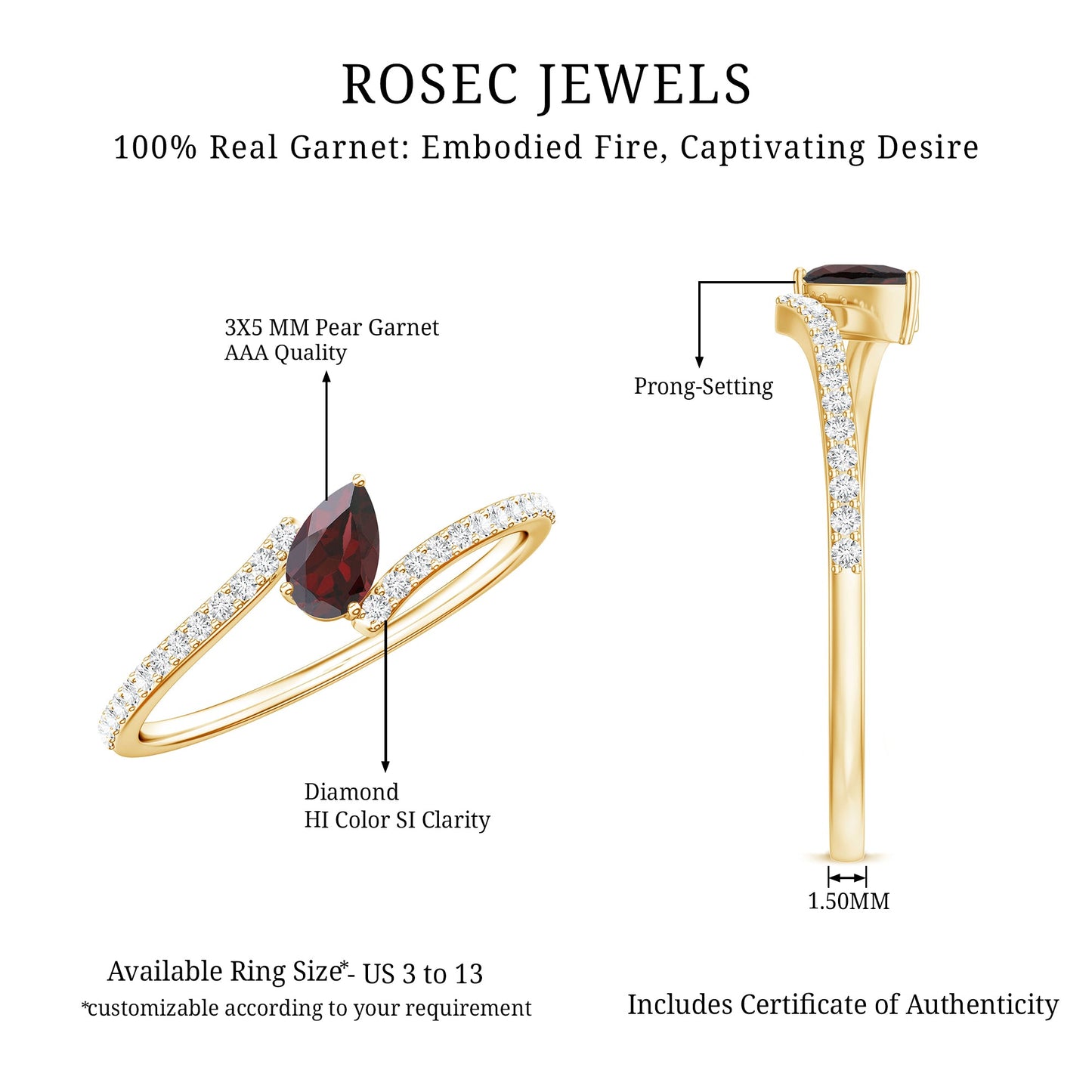 Real Pear Shape Garnet Promise Ring with Diamond Bypass Shank