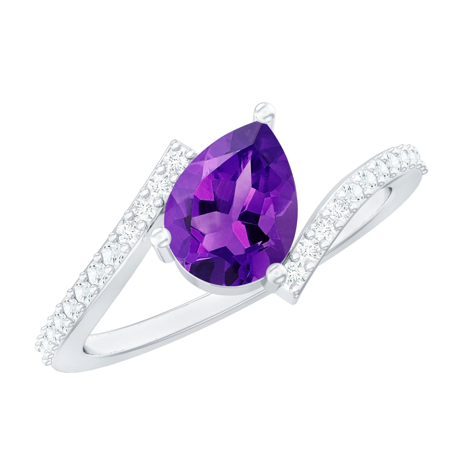 Tilted Pear Shape Solitaire Amethyst Bypass Promise Ring with Diamond