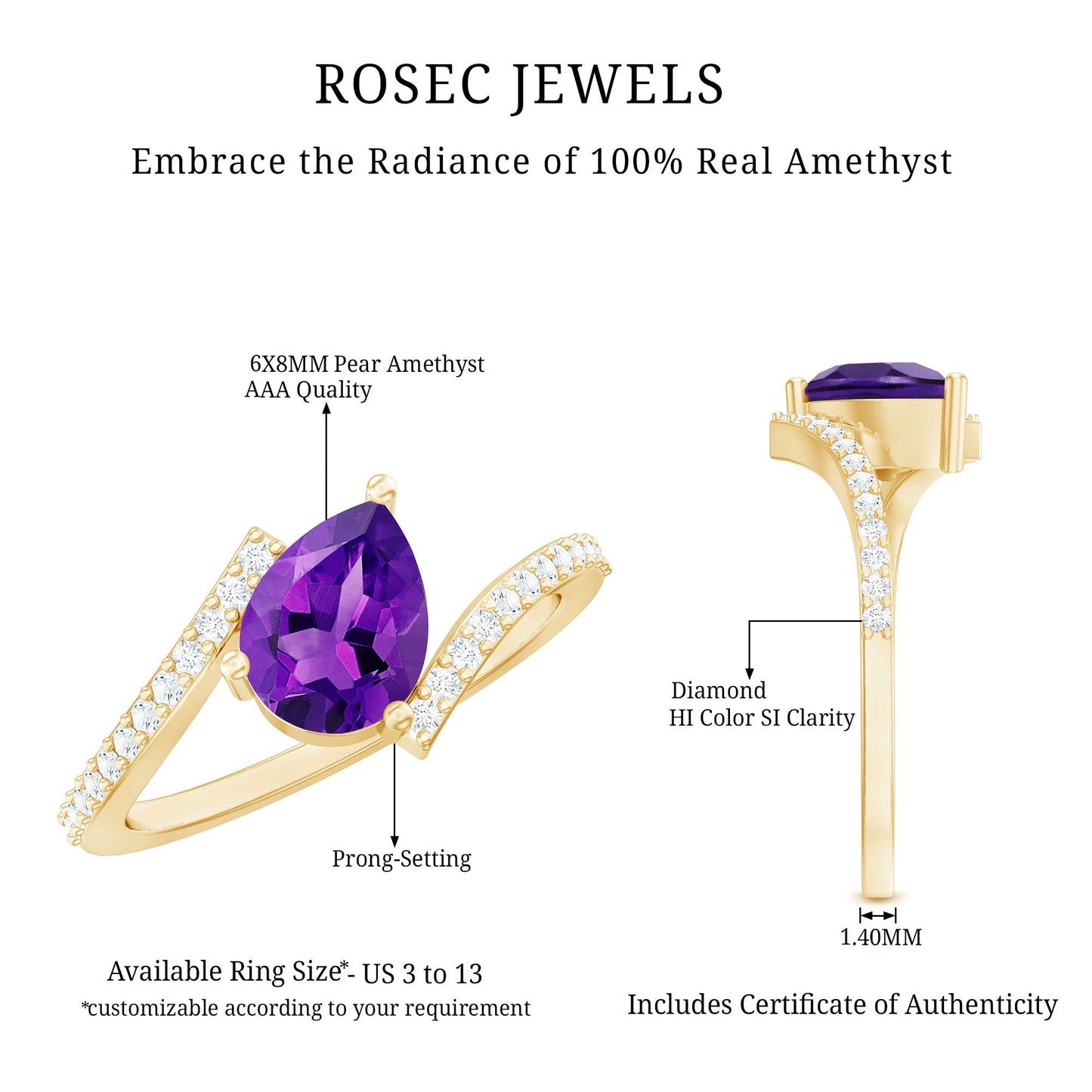 Tilted Pear Shape Solitaire Amethyst Bypass Promise Ring with Diamond