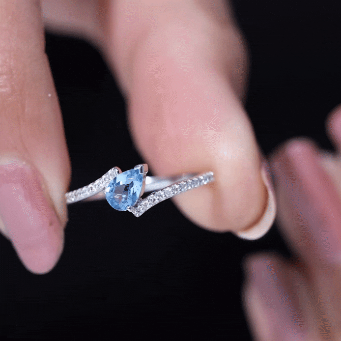 Real Aquamarine and Diamond Promise Ring in Bypass Shank