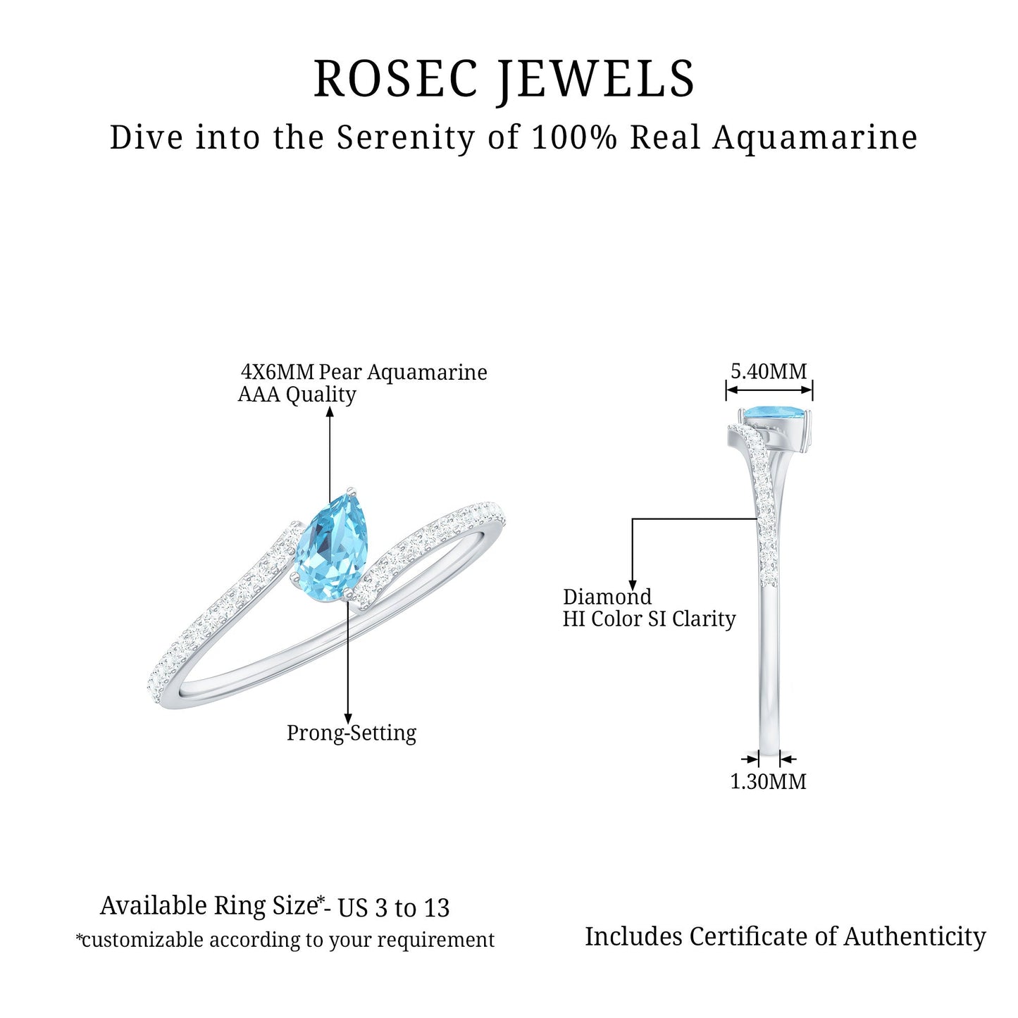 Real Aquamarine and Diamond Promise Ring in Bypass Shank