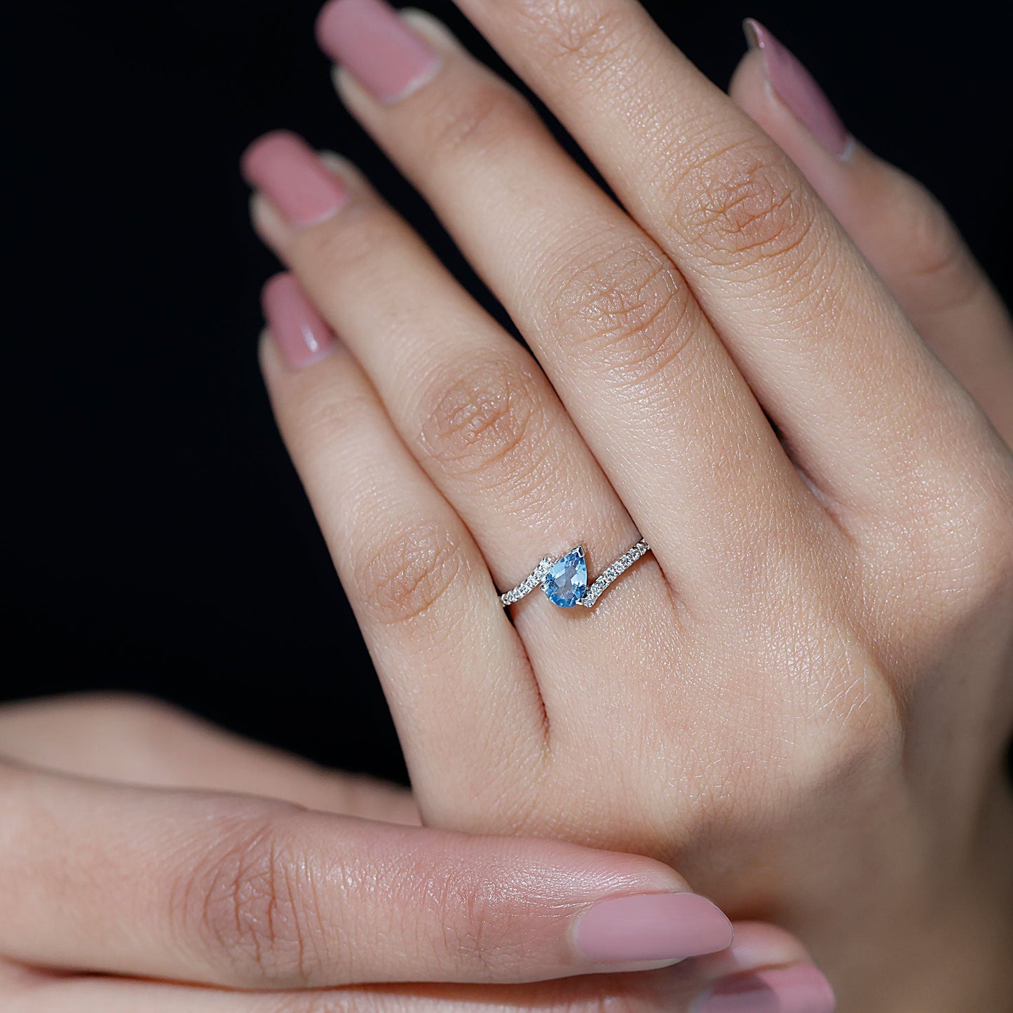 Real Aquamarine and Diamond Promise Ring in Bypass Shank