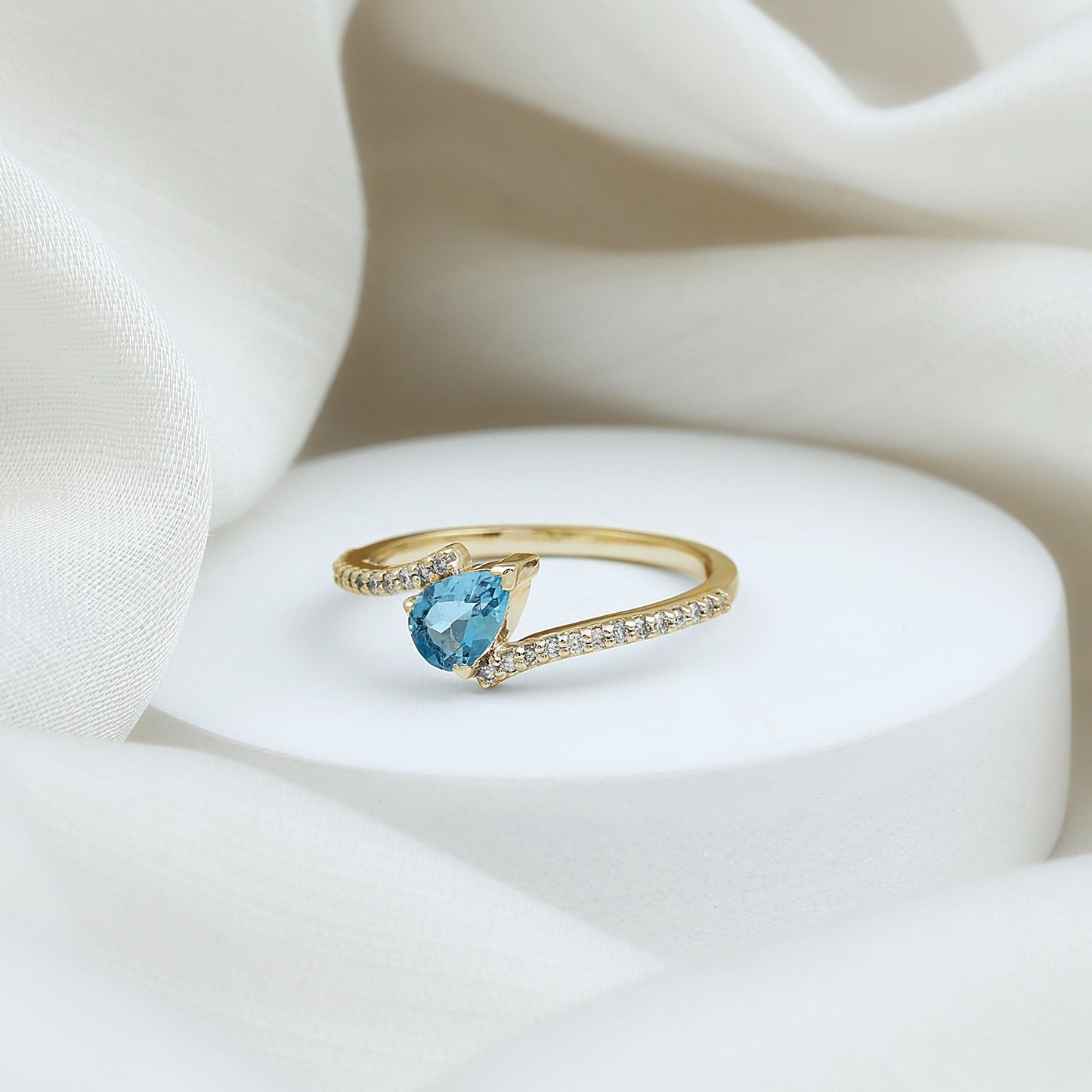 Real Aquamarine and Diamond Promise Ring in Bypass Shank