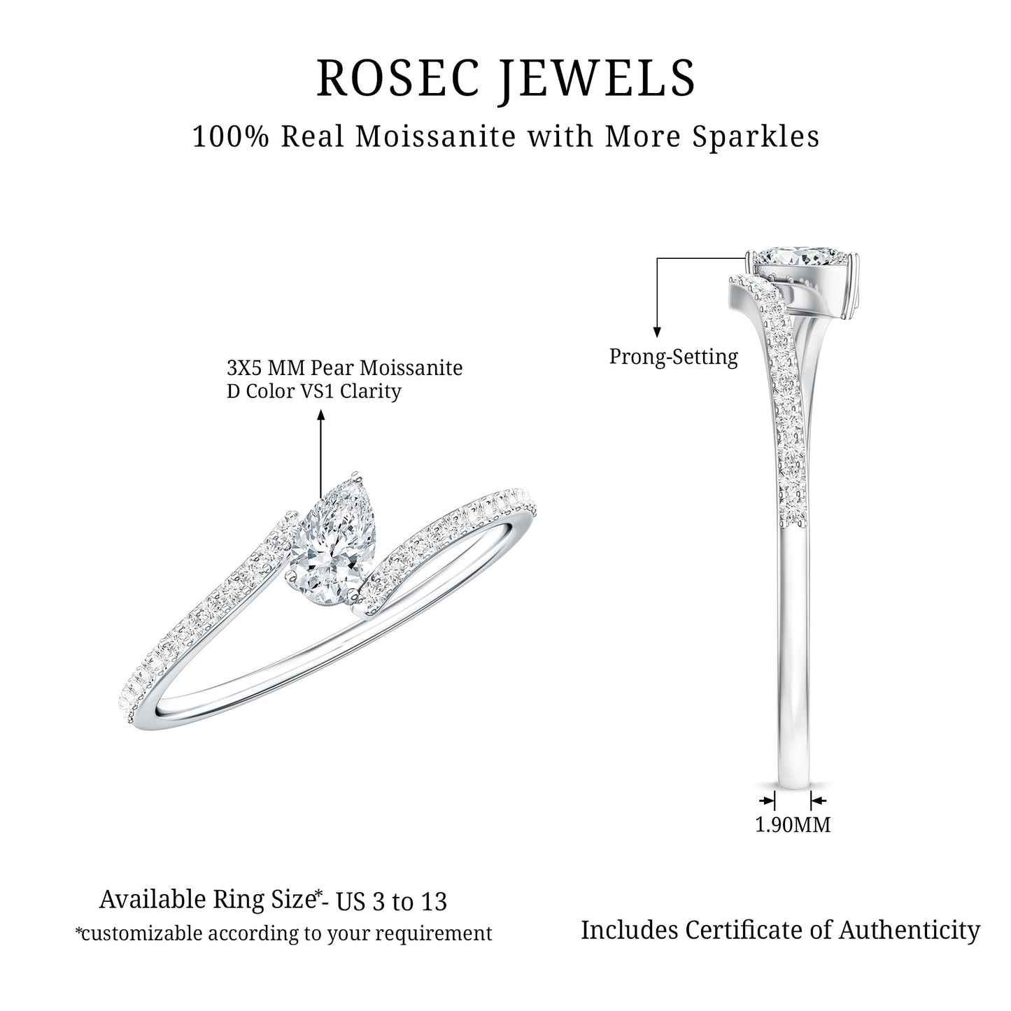 Pear Shaped Moissanite Bypass Promise Ring for Her