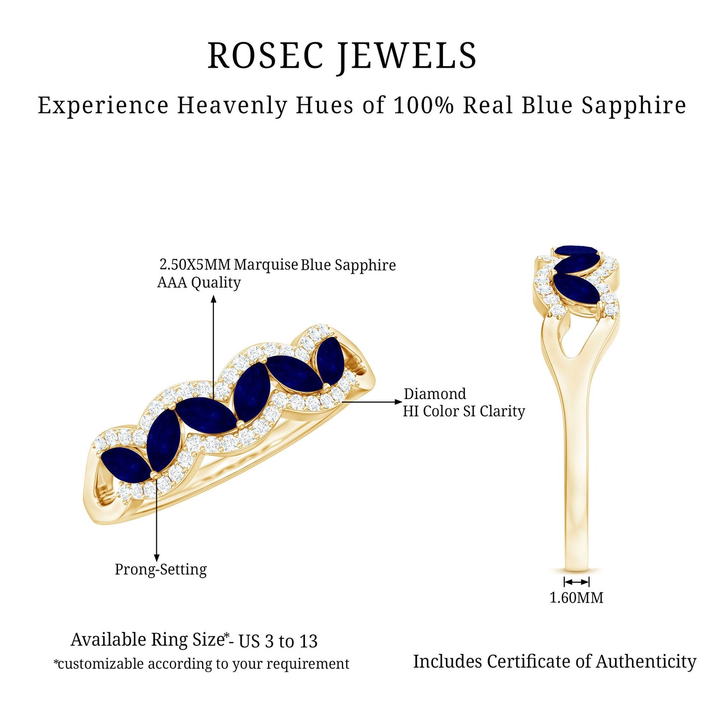 Certified Marquise Cut Blue Sapphire and Diamond Wedding Anniversary Band Ring