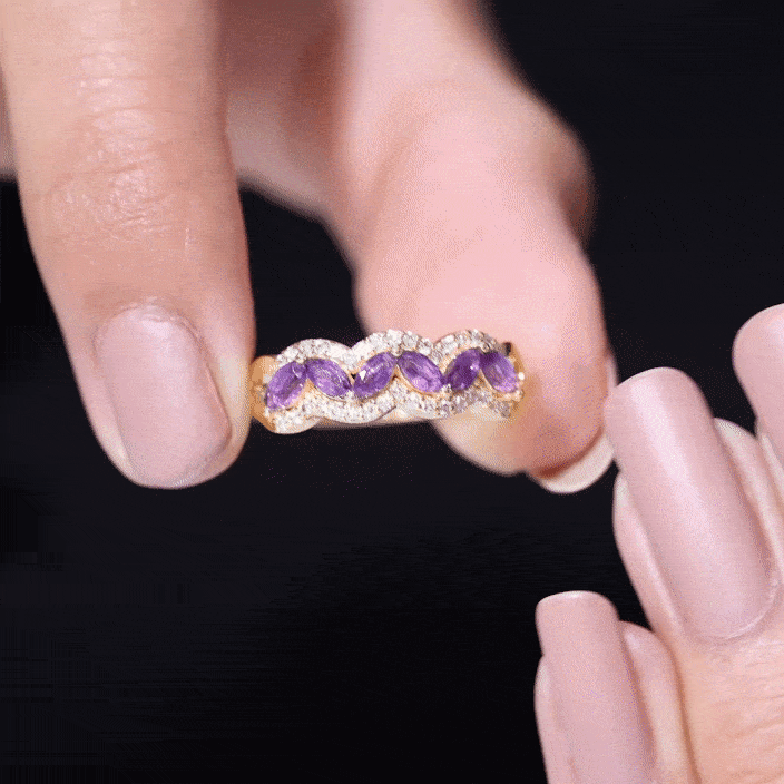 Real Marquise Amethyst Half Eternity Band Ring with Diamond