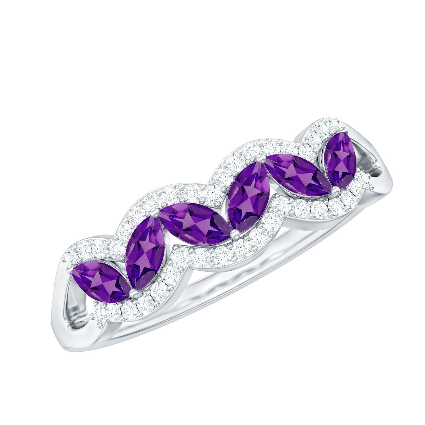 Real Marquise Amethyst Half Eternity Band Ring with Diamond