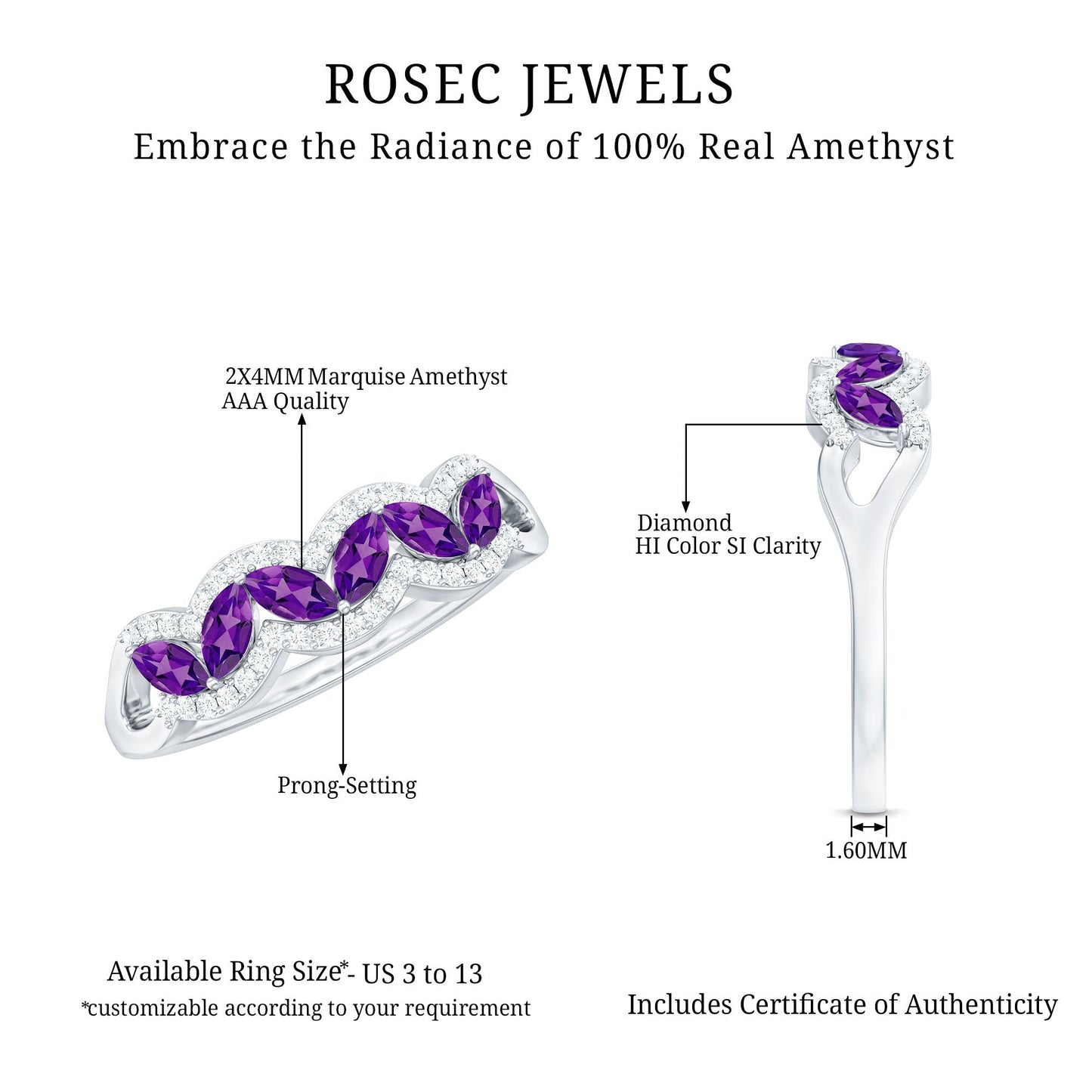 Real Marquise Amethyst Half Eternity Band Ring with Diamond
