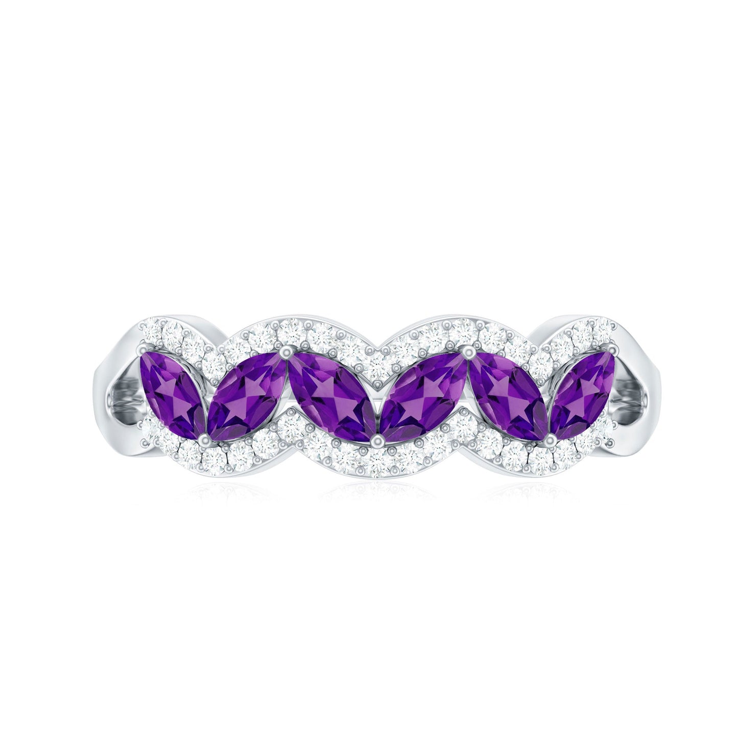 Real Marquise Amethyst Half Eternity Band Ring with Diamond