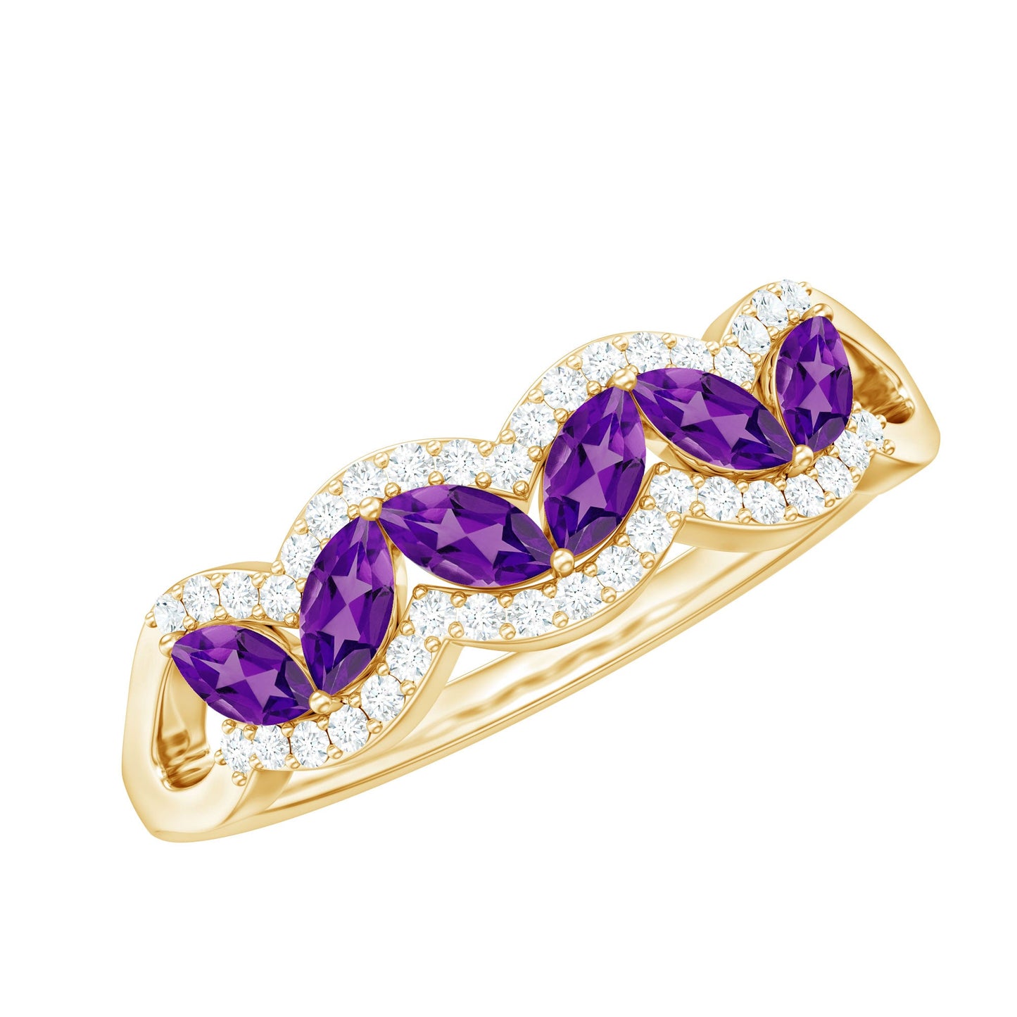 Real Marquise Amethyst Half Eternity Band Ring with Diamond