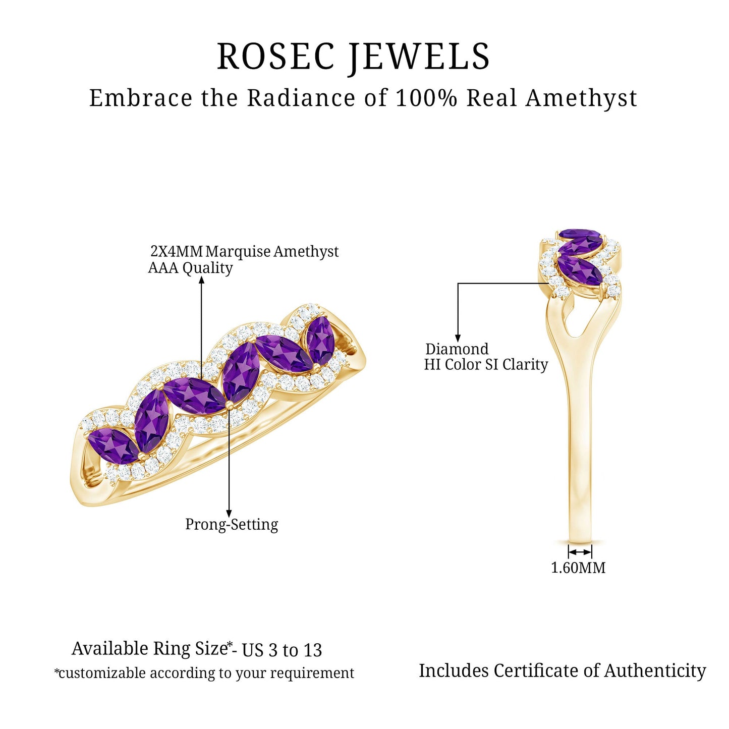 Real Marquise Amethyst Half Eternity Band Ring with Diamond