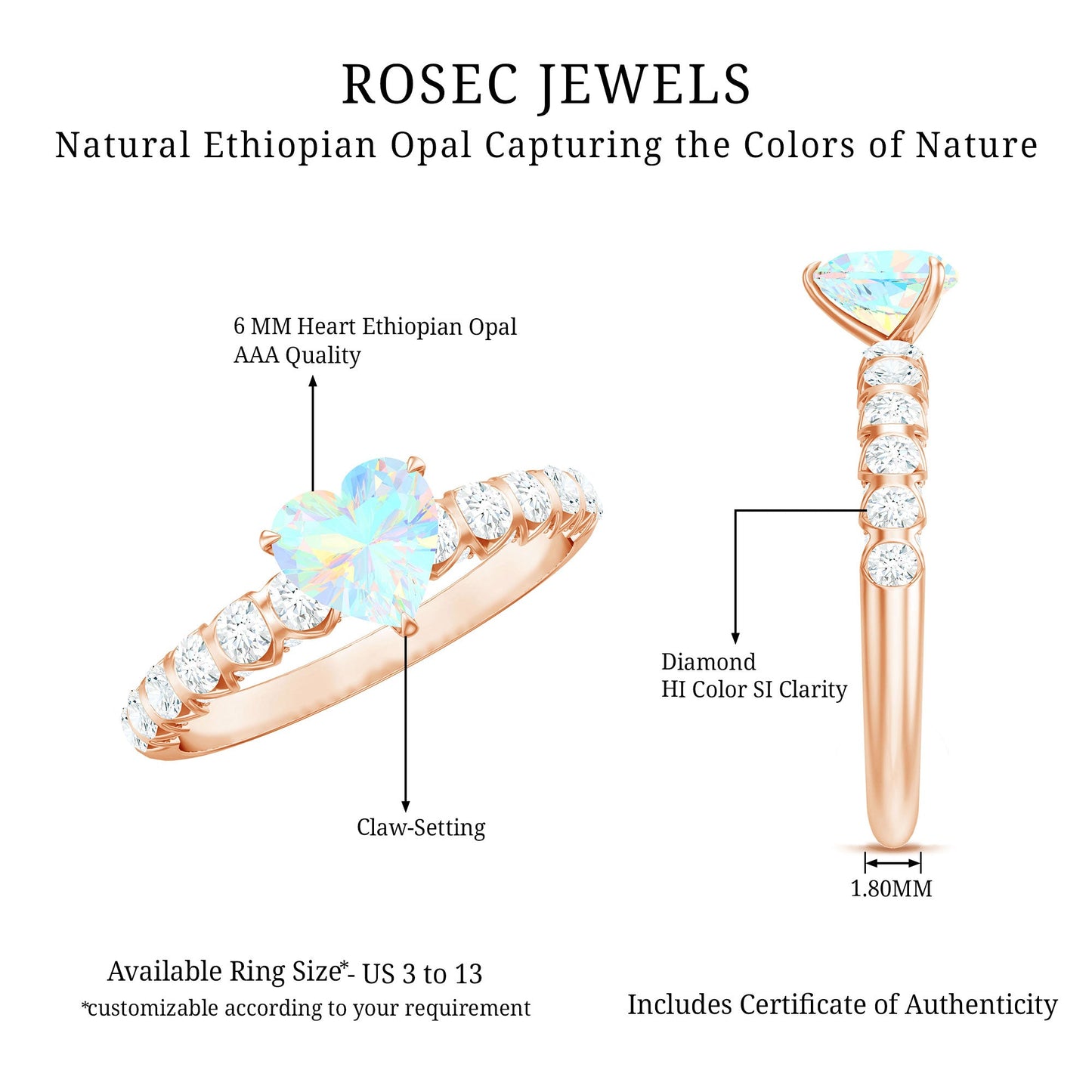 0.75 Carat Heart Shape Ethiopian Opal and Diamond Engagement Ring