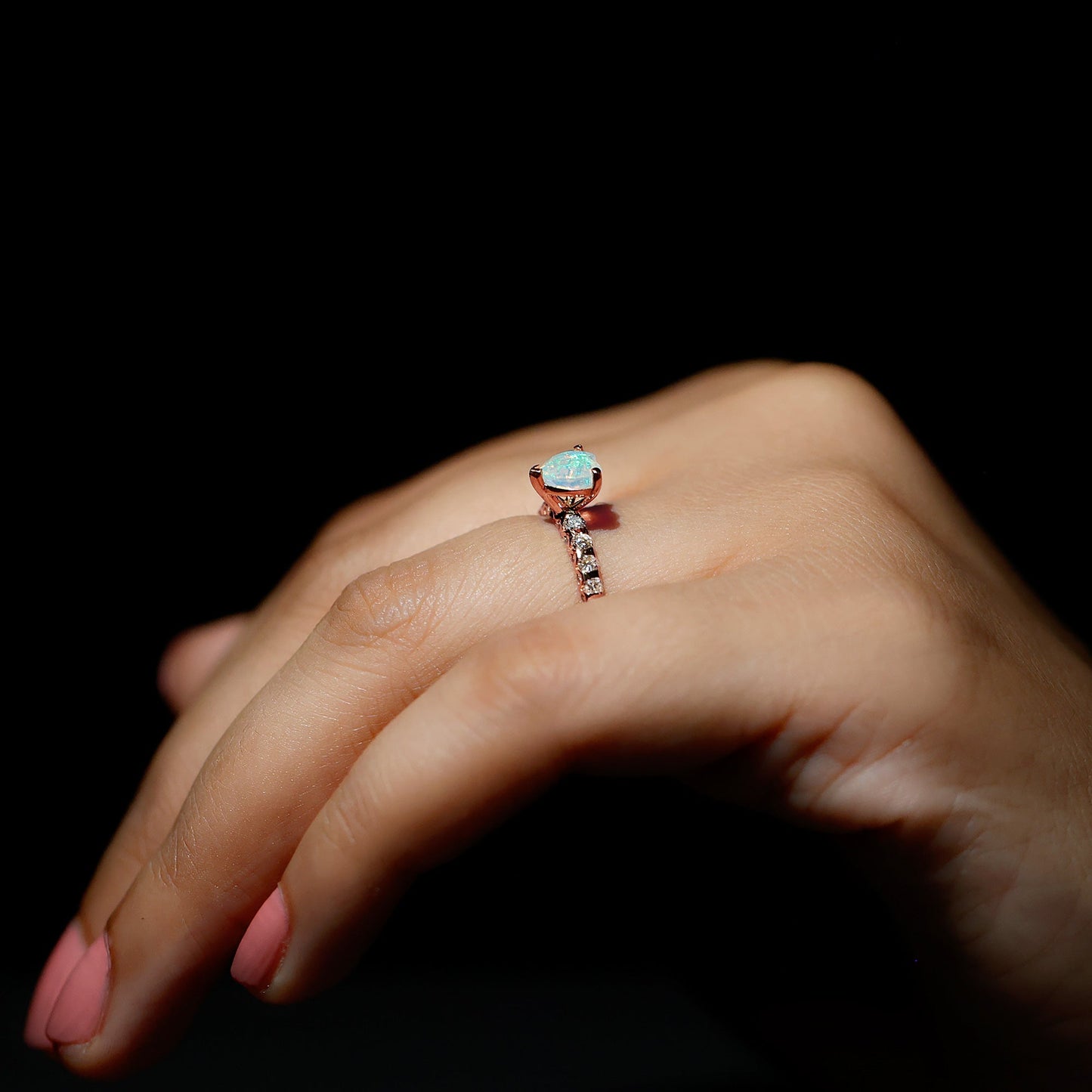 0.75 Carat Heart Shape Ethiopian Opal and Diamond Engagement Ring