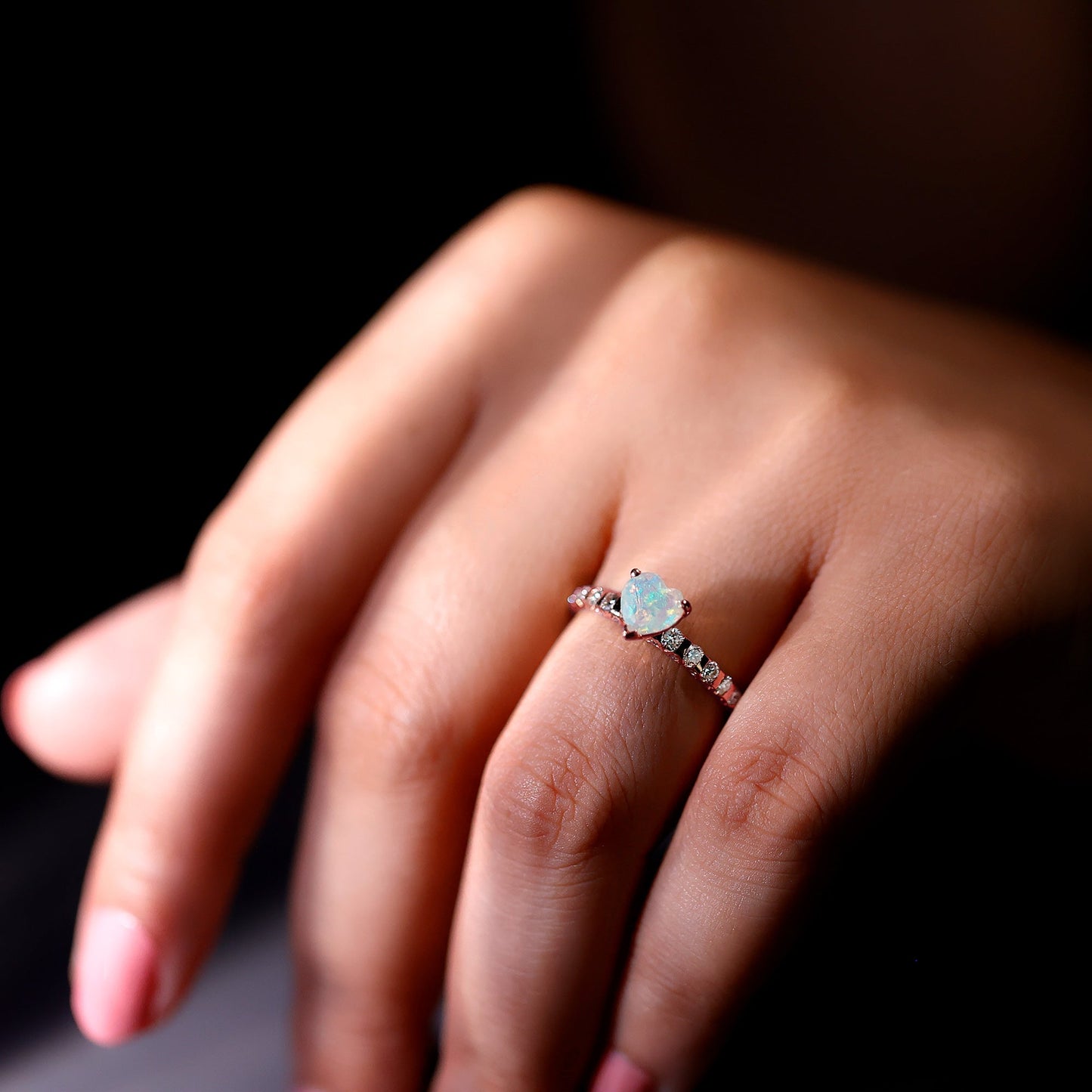 0.75 Carat Heart Shape Ethiopian Opal and Diamond Engagement Ring