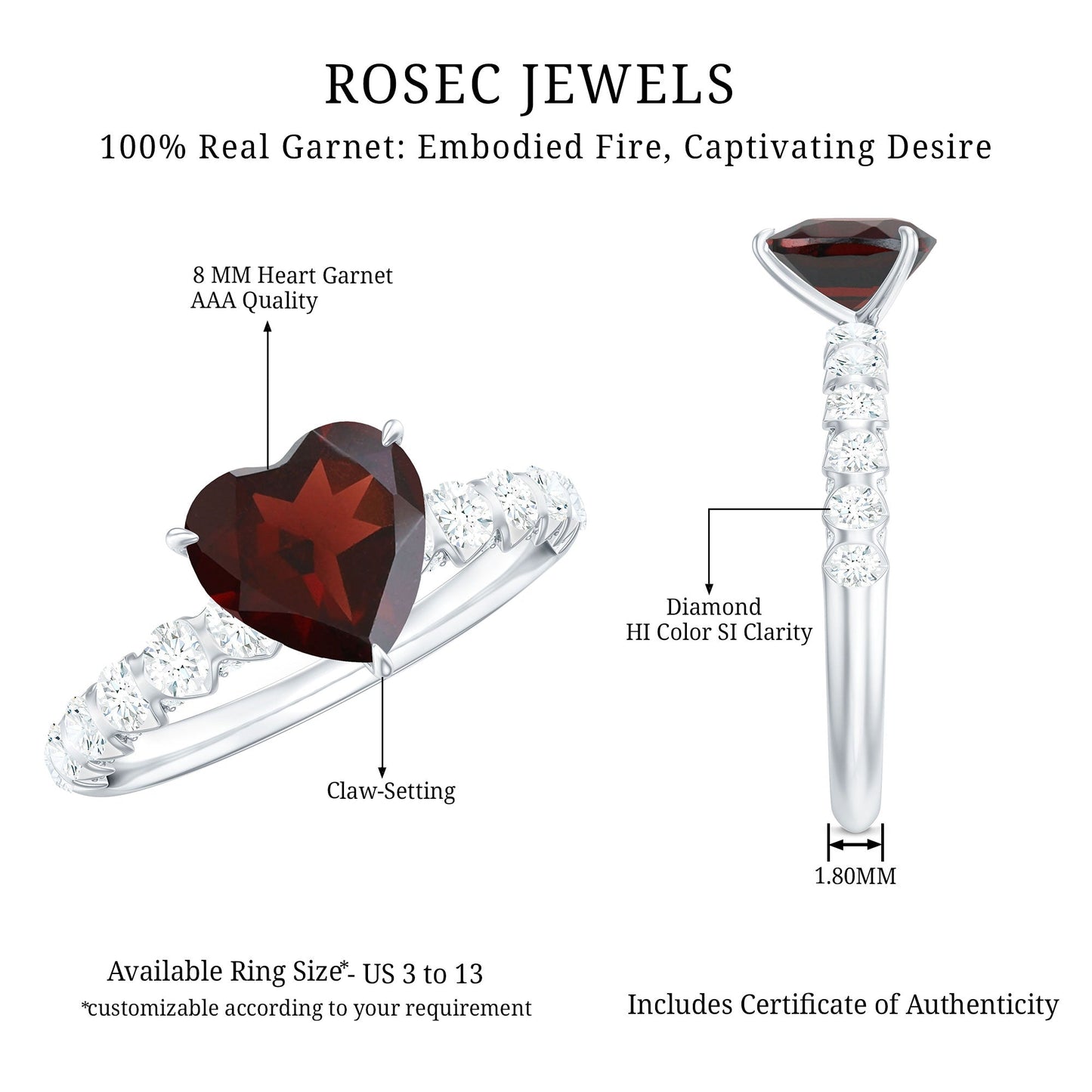 Natural 4 Carat Garnet Heart Engagement Ring with Diamond Side Stones