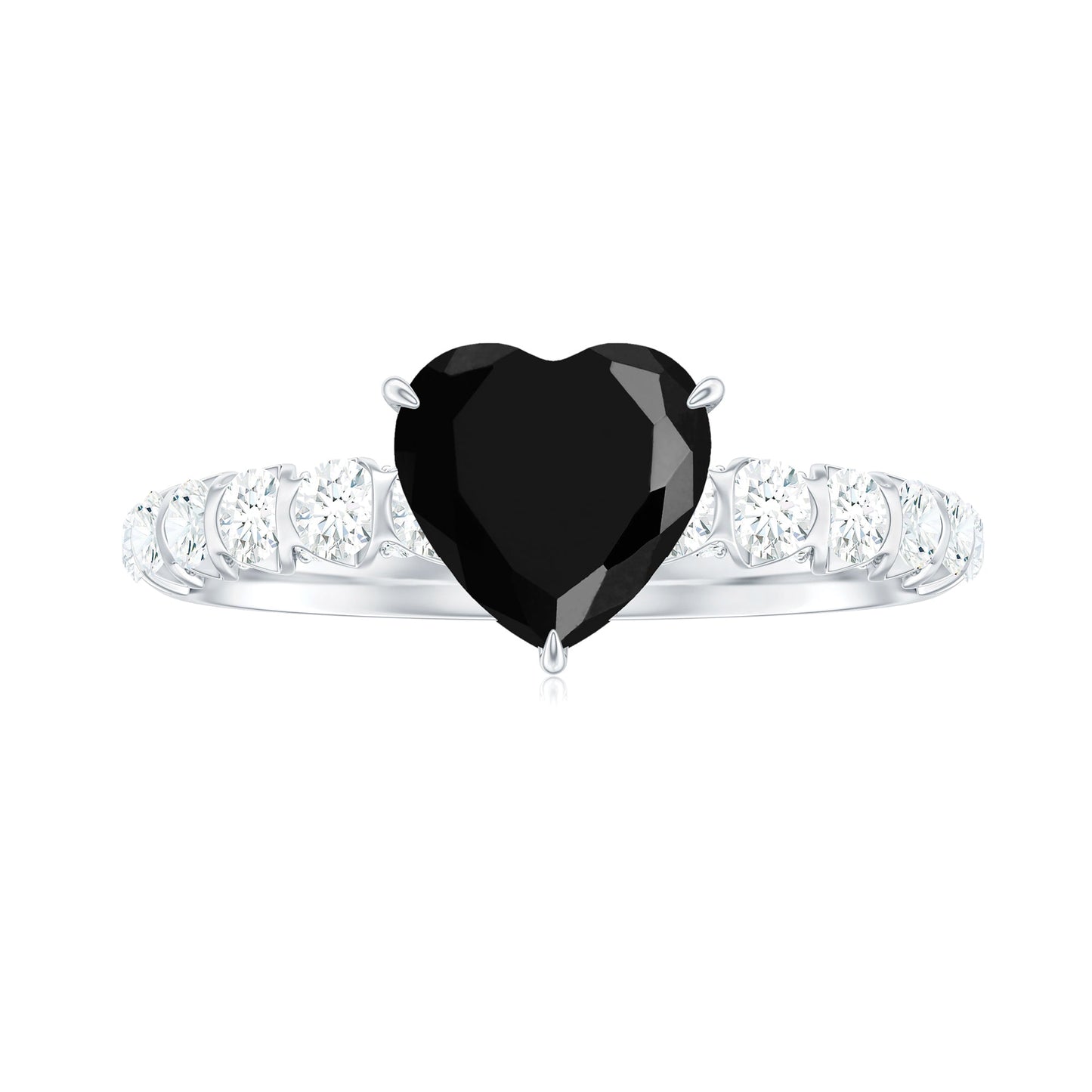Natural 2 Carat Black Spinel Heart Engagement Ring with Diamond Side Stones