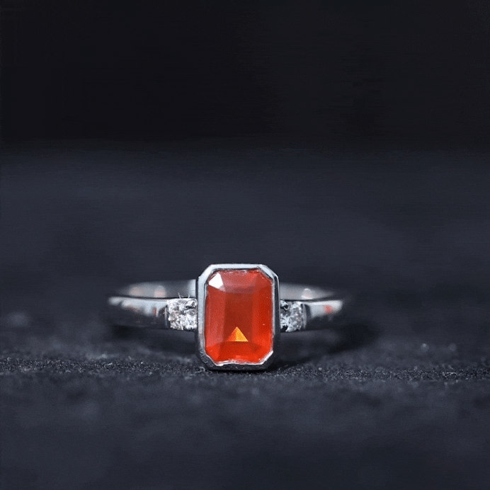1 Carat Fire Opal Emerald Cut Engagement Ring with Diamond