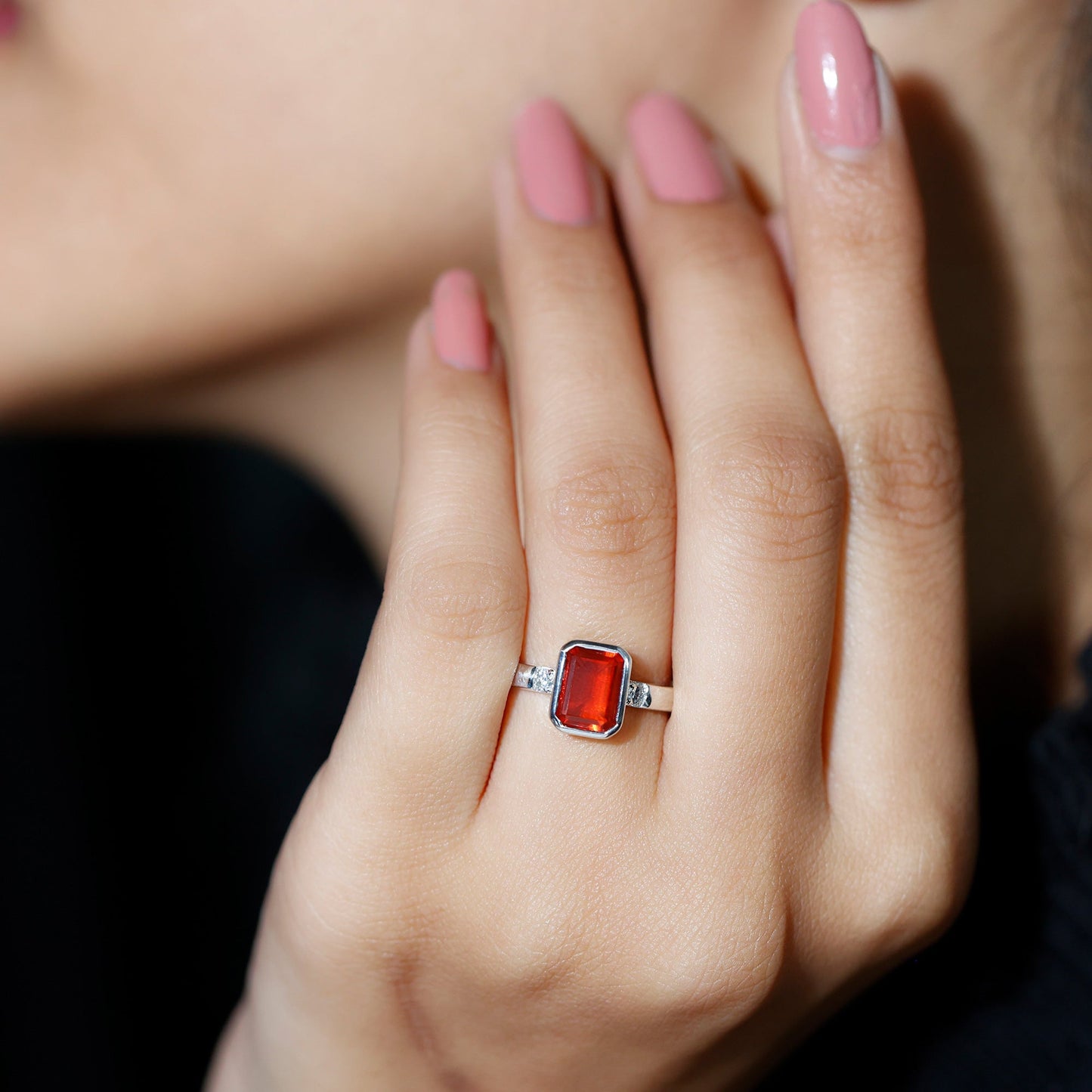 1 Carat Fire Opal Emerald Cut Engagement Ring with Diamond