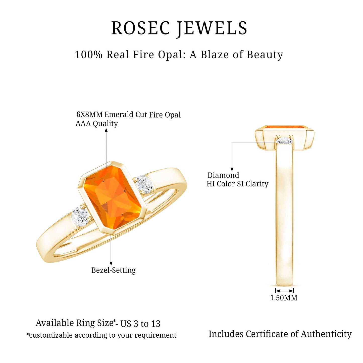 1 Carat Fire Opal Emerald Cut Engagement Ring with Diamond