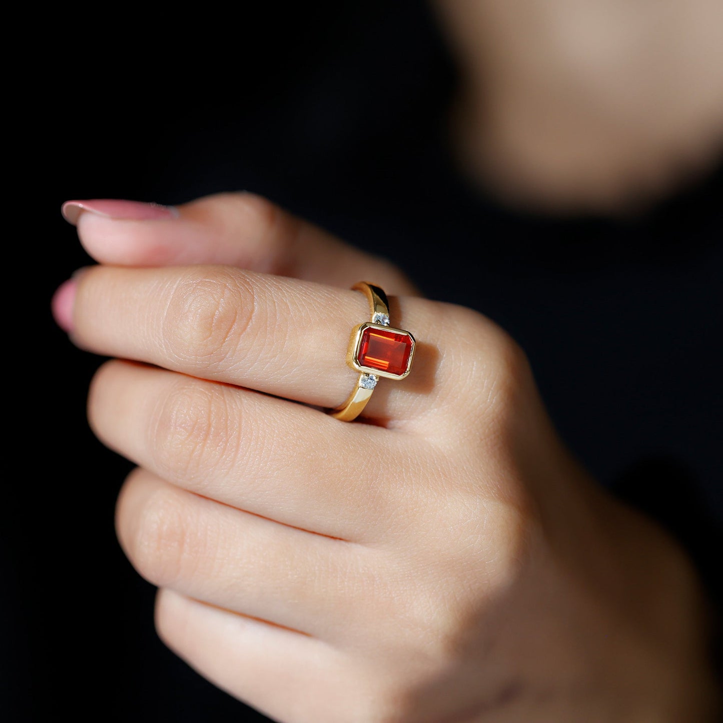 1 Carat Fire Opal Emerald Cut Engagement Ring with Diamond
