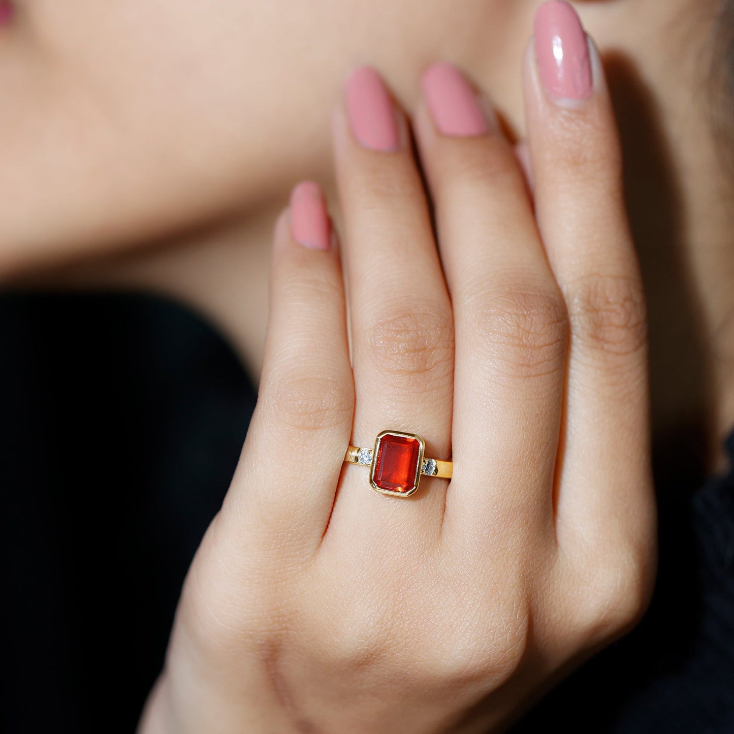 1 Carat Fire Opal Emerald Cut Engagement Ring with Diamond