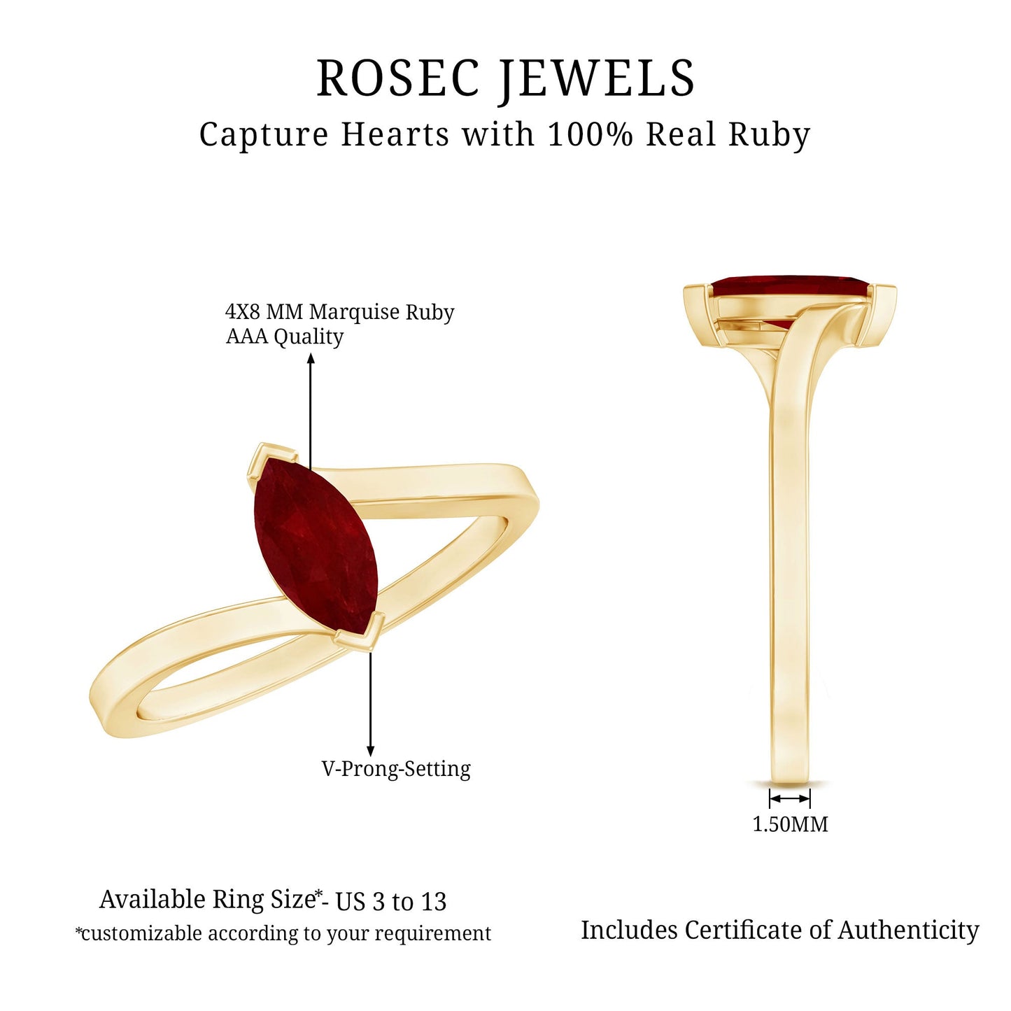 Natural 0.75 Carat Ruby Marquise Promise Ring with Bypass Shank