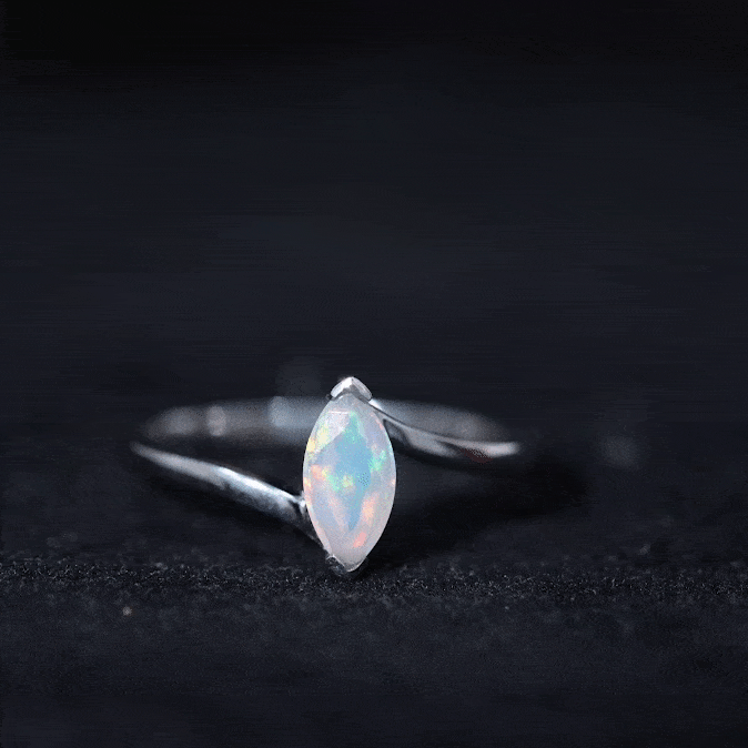 Natural Marquise Ethiopian Rainbow Opal Promise Ring with Bypass Shank