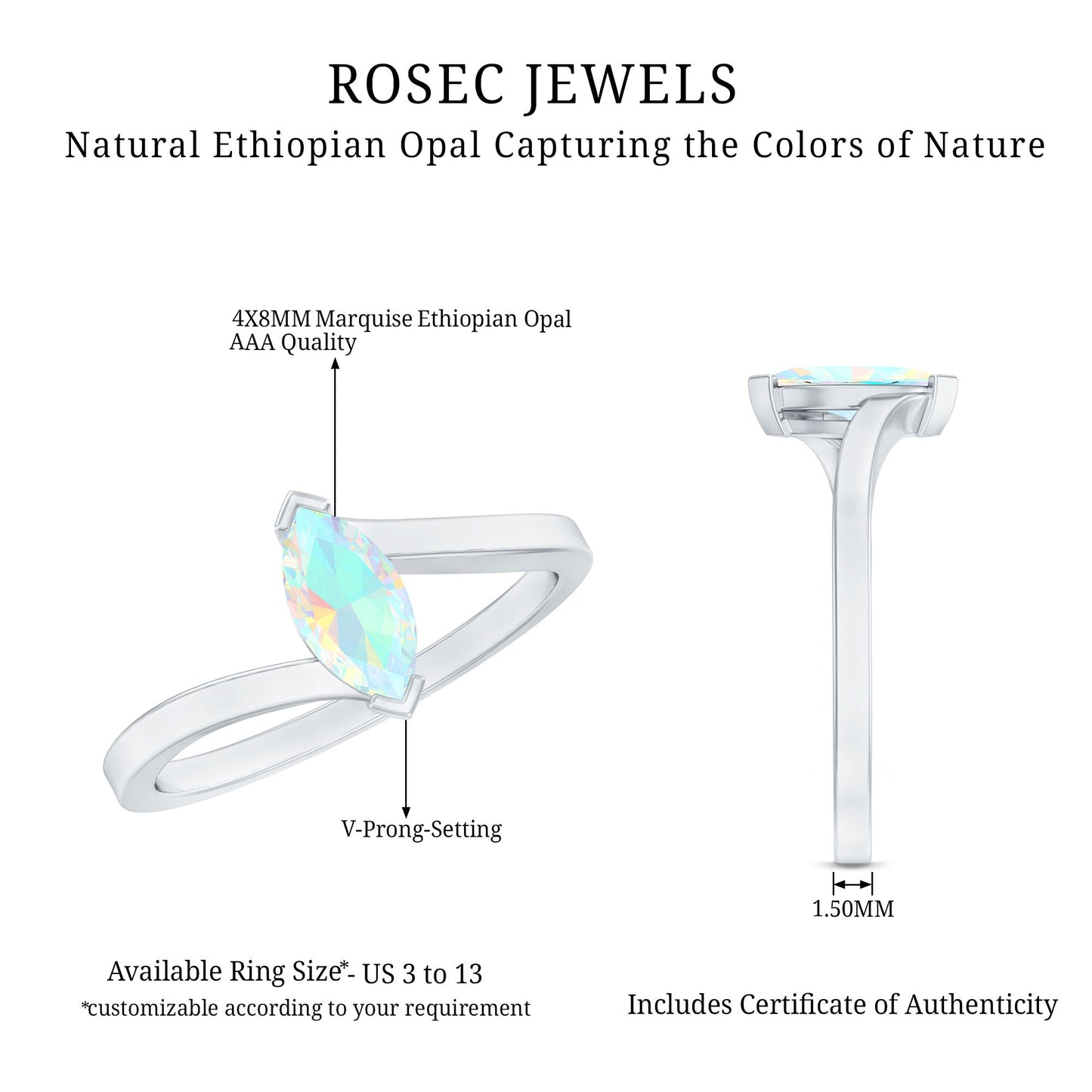 Natural Marquise Ethiopian Rainbow Opal Promise Ring with Bypass Shank